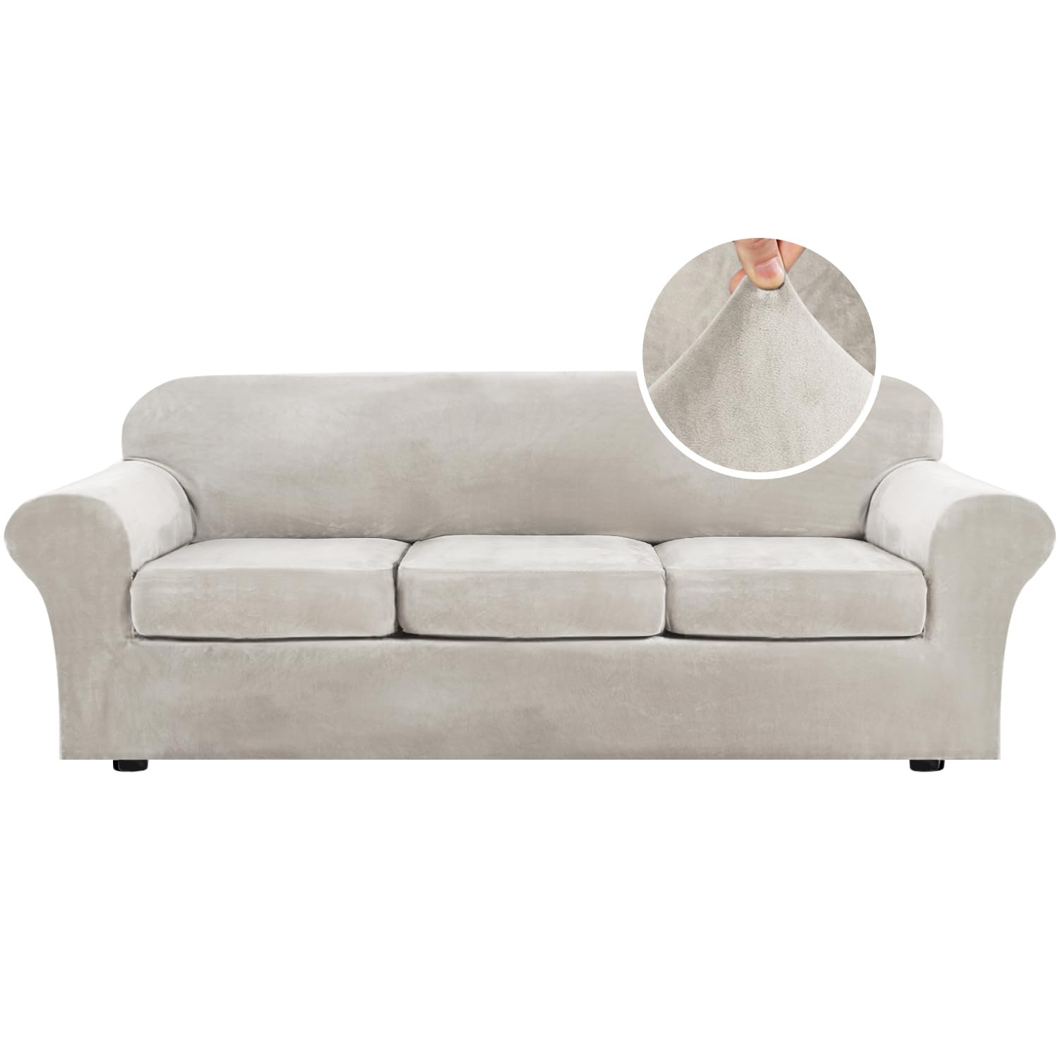 H.VERSAILTEX High Stretch Sofa Slipcover 4 Piece Cover Velvet Furniture Protector Form Fit Thick Velvet Extra Large Sofa Cover for 3 Cushion Couch Width Up to 97 Inch (Large Sofa, Sea Grass)