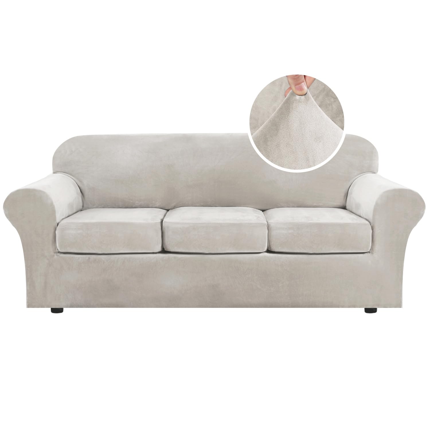 H.VERSAILTEX 4 Pieces Thick Velvet Sofa Covers Couch Covers for 3 Cushion Couch Sofa High Stretch Slipcovers Furniture Protector Form Fit Luxury Couch Cover for Dogs Width Up to 90 Inch(Sofa,Grey)