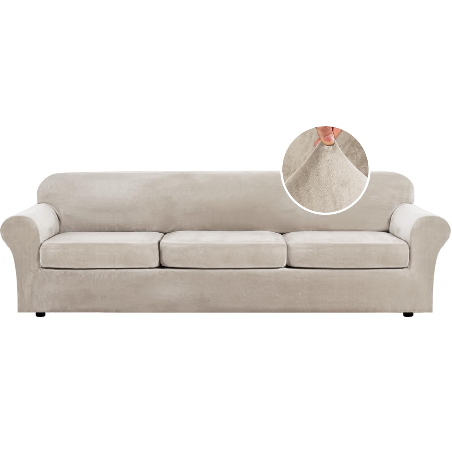 H.VERSAILTEX High Stretch Sofa Slipcover 4 Piece Cover Velvet Furniture Protector Form Fit Thick Velvet Extra Large Sofa Cover for 3 Cushion Couch Width Up to 97 Inch (Large Sofa, Sea Grass)