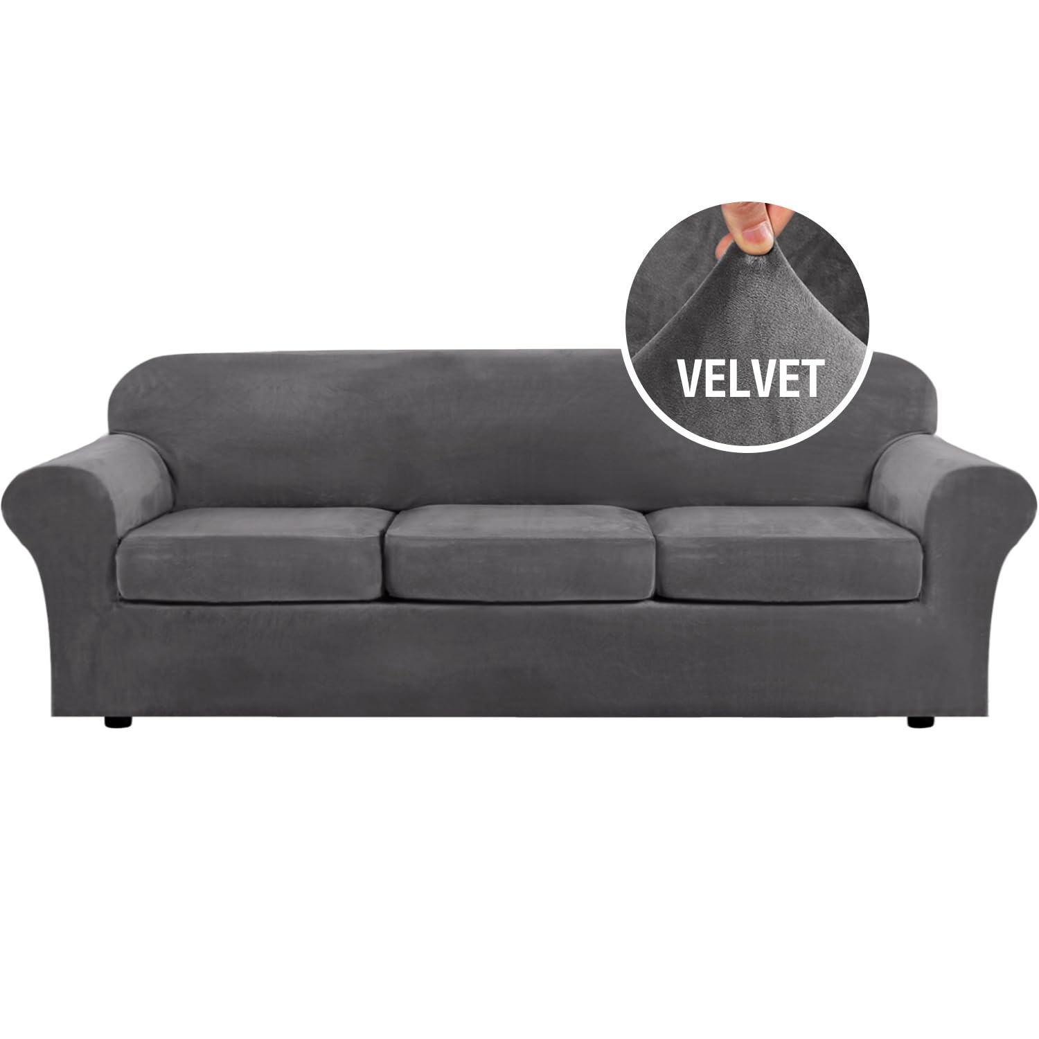 H.VERSAILTEX High Stretch Sofa Slipcover 4 Piece Cover Velvet Furniture Protector Form Fit Thick Velvet Extra Large Sofa Cover for 3 Cushion Couch Width Up to 97 Inch (Large Sofa, Sea Grass)