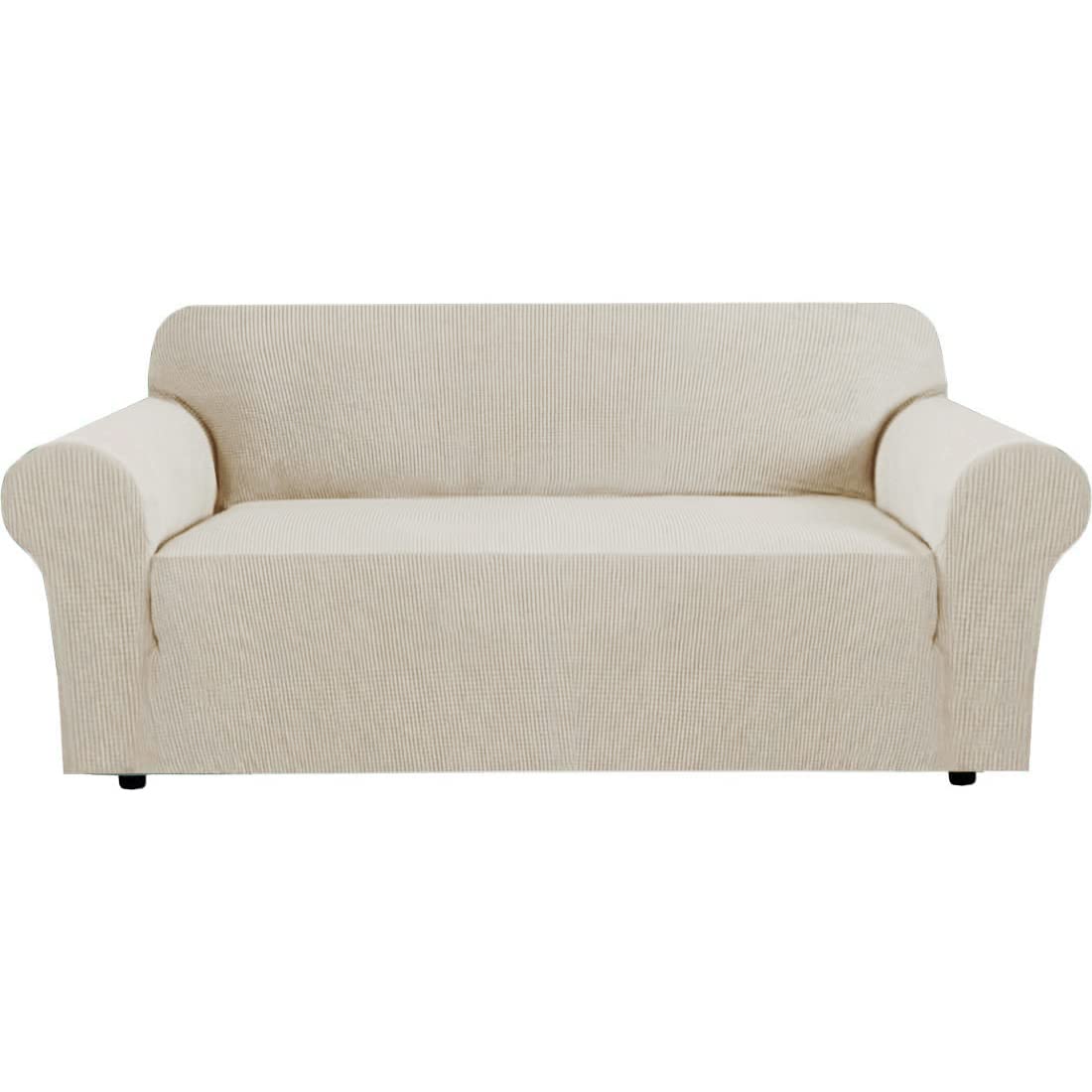 H.VERSAILTEX Stretch Sofa Covers for 3 Cushion Couch Covers Sofa Slipcovers for Living Room Feature Thick Checked Jacquard Fabric with Elastic Bottom, Sofa Large - Sand