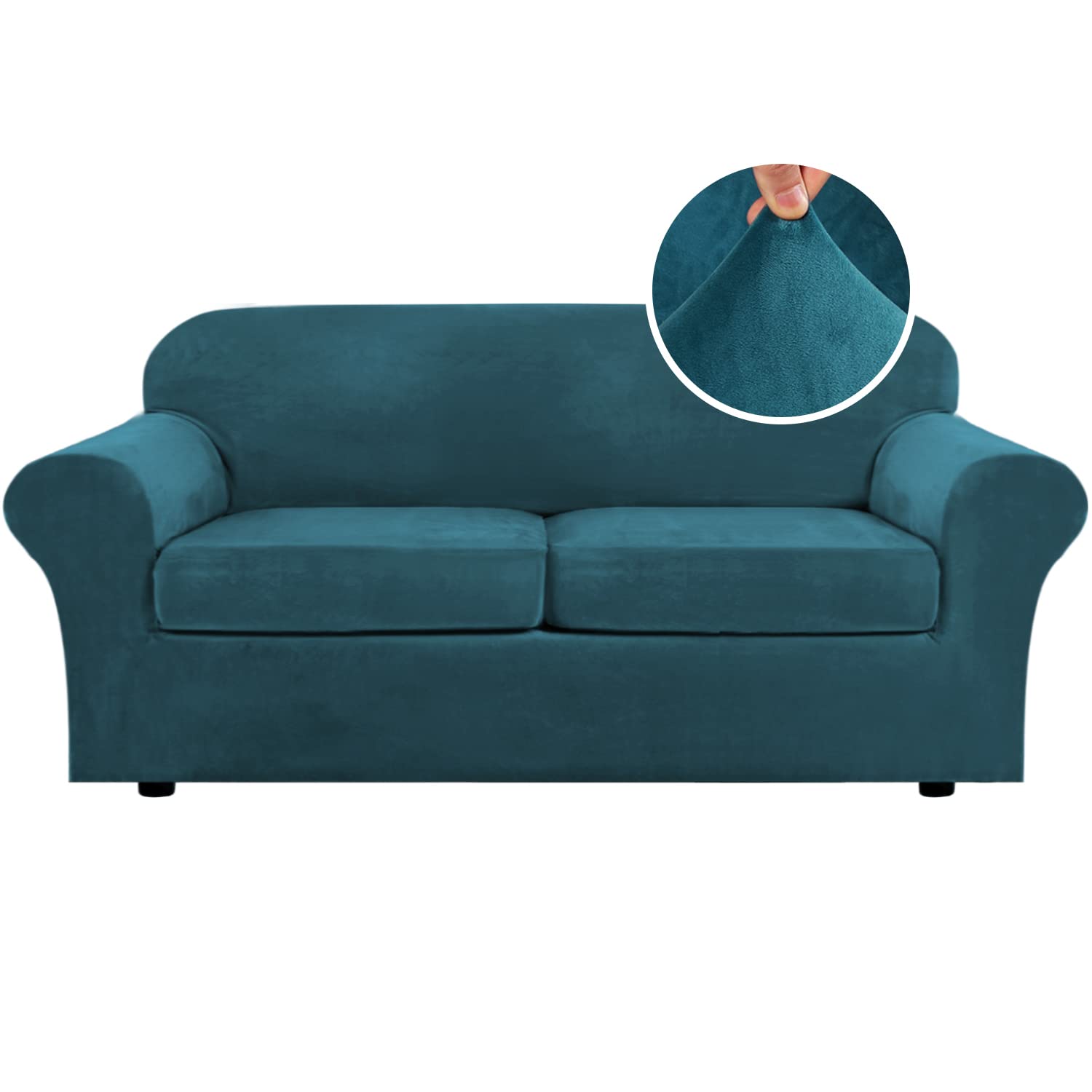 H.VERSAILTEX High Stretch Sofa Slipcover 4 Piece Cover Velvet Furniture Protector Form Fit Thick Velvet Extra Large Sofa Cover for 3 Cushion Couch Width Up to 97 Inch (Large Sofa, Sea Grass)