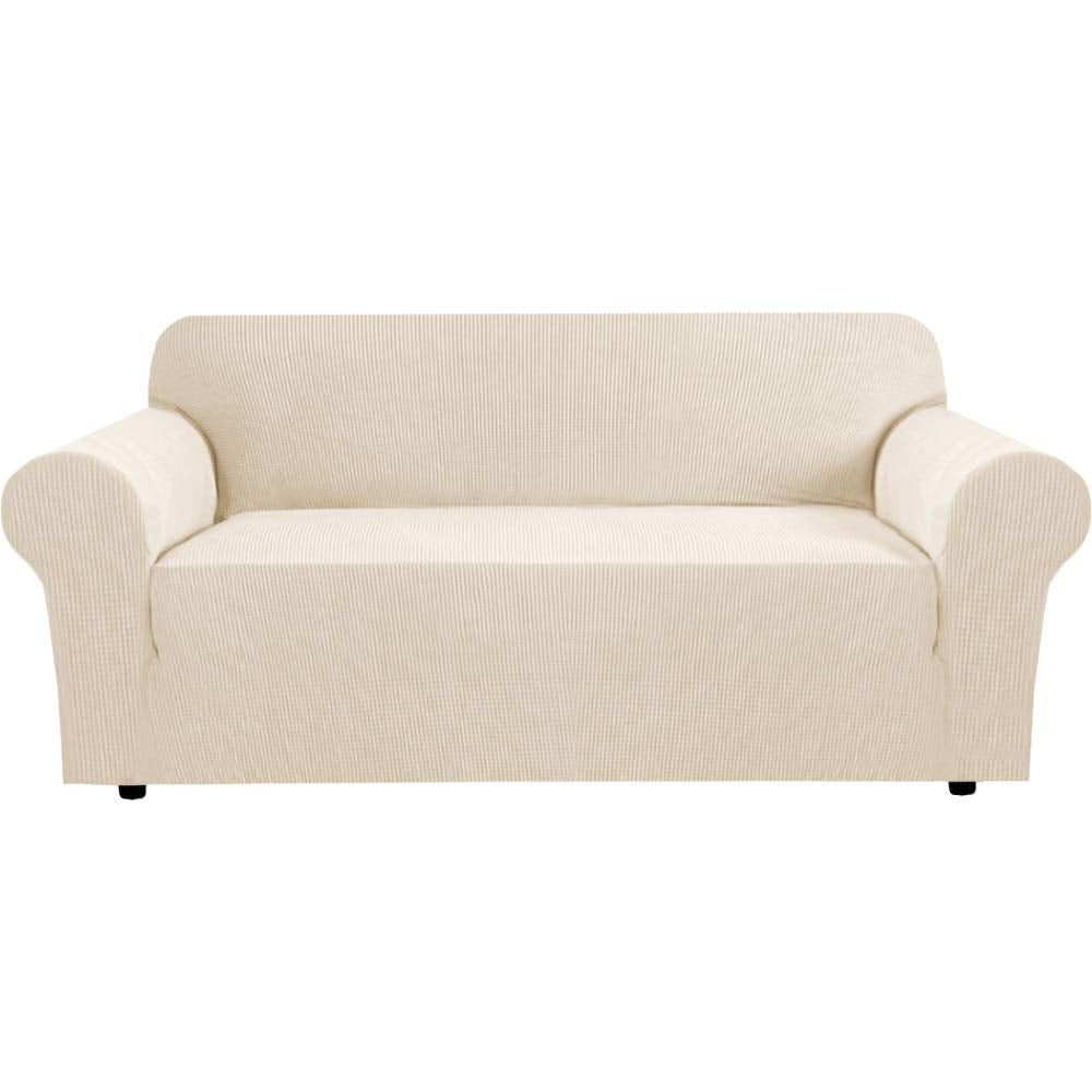 H.VERSAILTEX Stretch Sofa Covers for 3 Cushion Couch Covers Sofa Slipcovers for Living Room Feature Thick Checked Jacquard Fabric with Elastic Bottom, Sofa Large - Sand