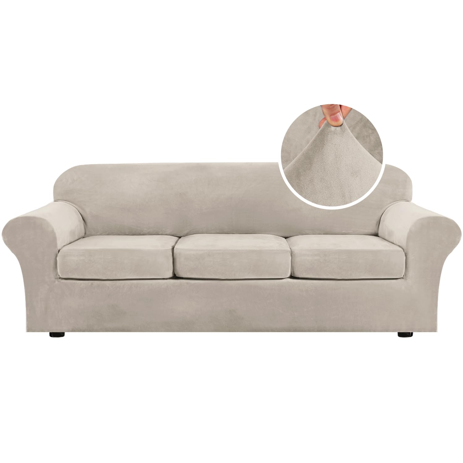 H.VERSAILTEX 4 Pieces Thick Velvet Sofa Covers Couch Covers for 3 Cushion Couch Sofa High Stretch Slipcovers Furniture Protector Form Fit Luxury Couch Cover for Dogs Width Up to 90 Inch(Sofa,Grey)