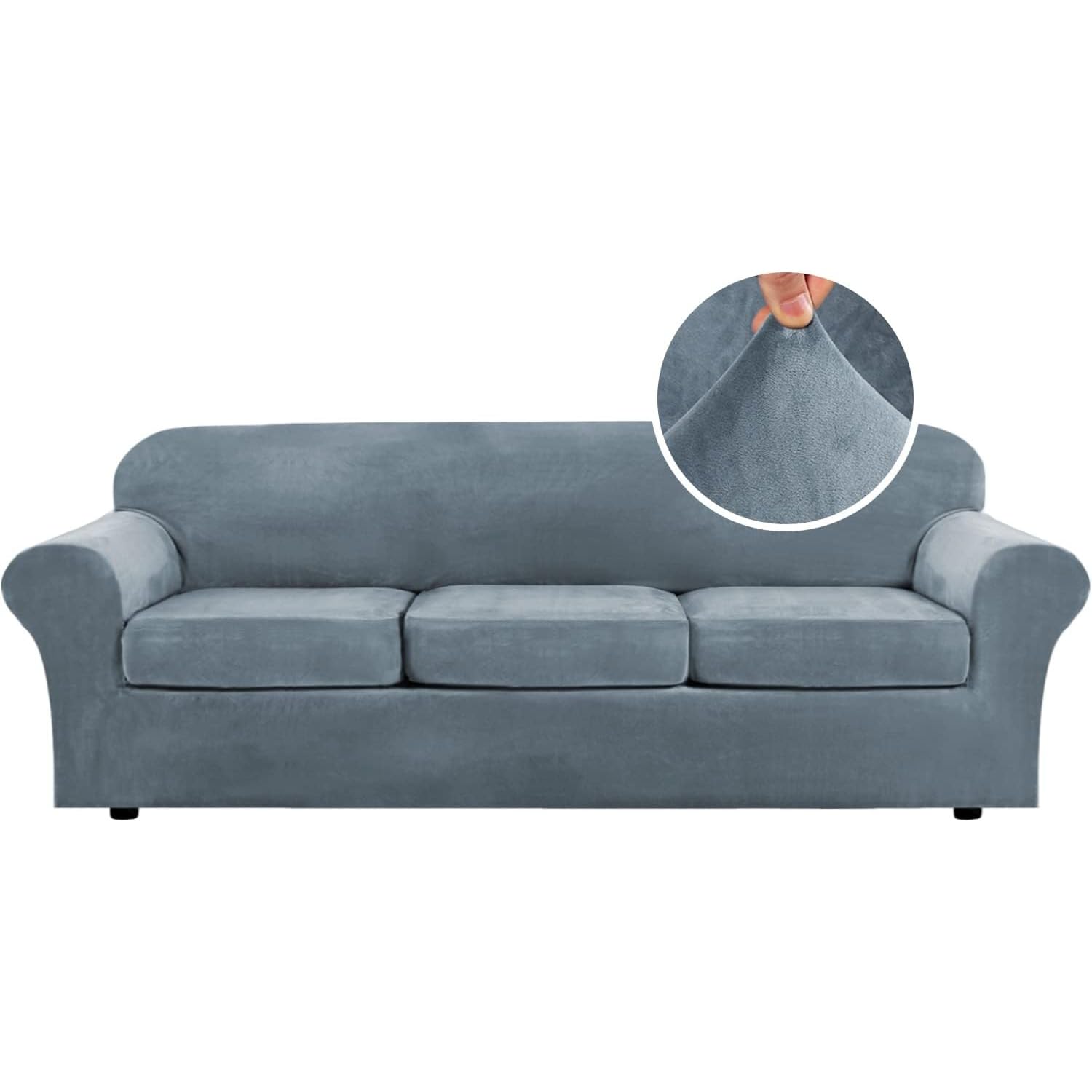 H.VERSAILTEX 4 Pieces Thick Velvet Sofa Covers Couch Covers for 3 Cushion Couch Sofa High Stretch Slipcovers Furniture Protector Form Fit Luxury Couch Cover for Dogs Width Up to 90 Inch(Sofa,Grey)