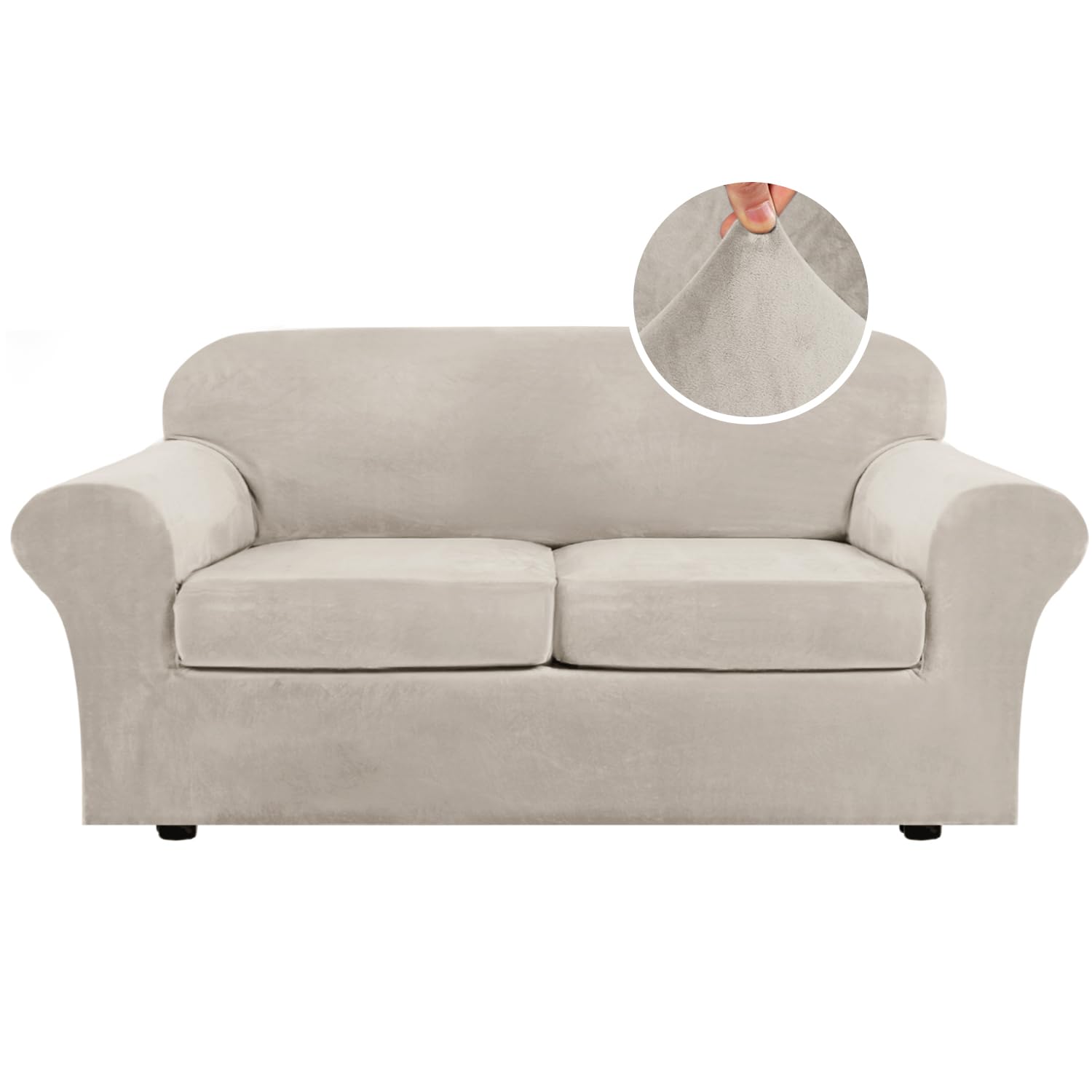 H.VERSAILTEX High Stretch Sofa Slipcover 4 Piece Cover Velvet Furniture Protector Form Fit Thick Velvet Extra Large Sofa Cover for 3 Cushion Couch Width Up to 97 Inch (Large Sofa, Sea Grass)