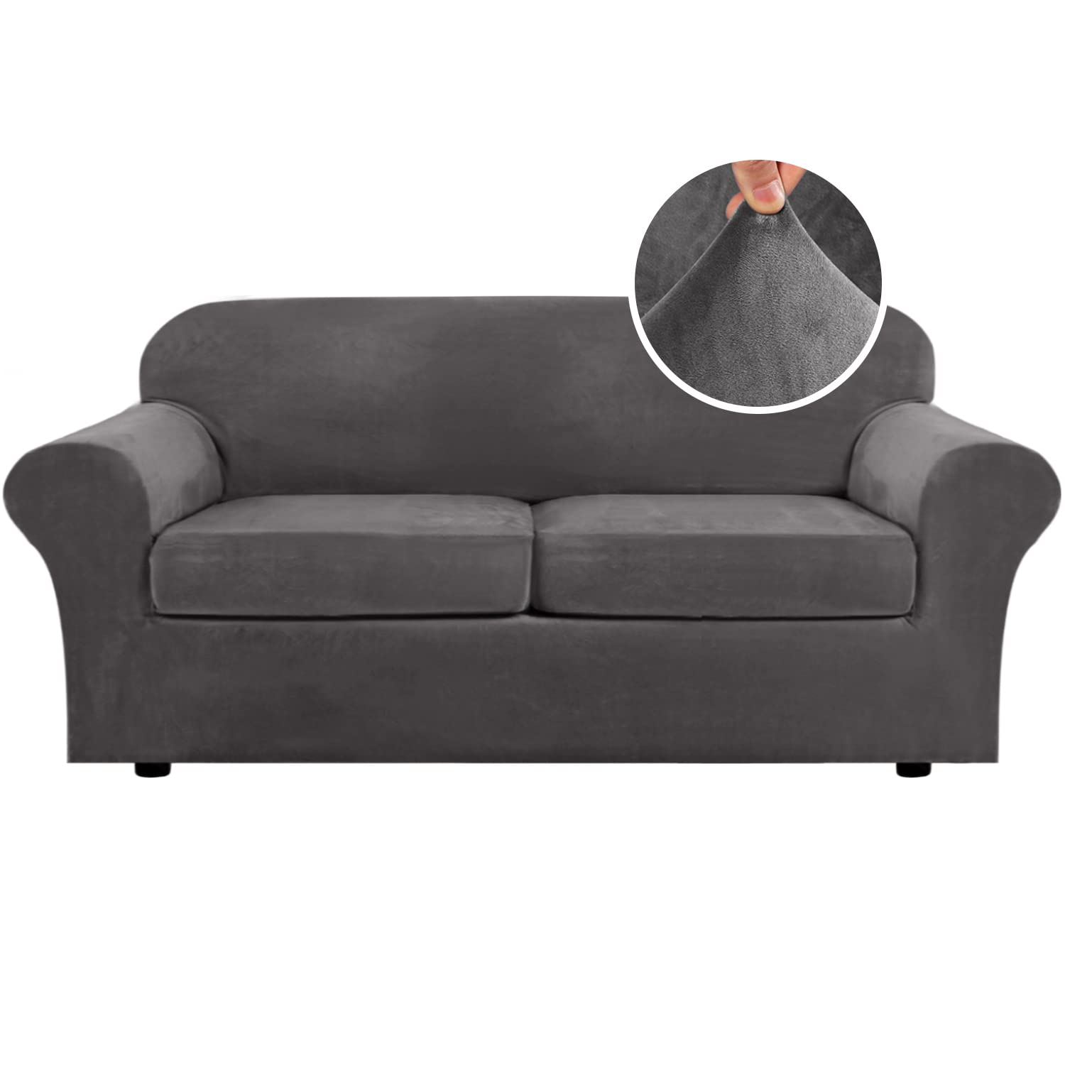 H.VERSAILTEX High Stretch Sofa Slipcover 4 Piece Cover Velvet Furniture Protector Form Fit Thick Velvet Extra Large Sofa Cover for 3 Cushion Couch Width Up to 97 Inch (Large Sofa, Sea Grass)