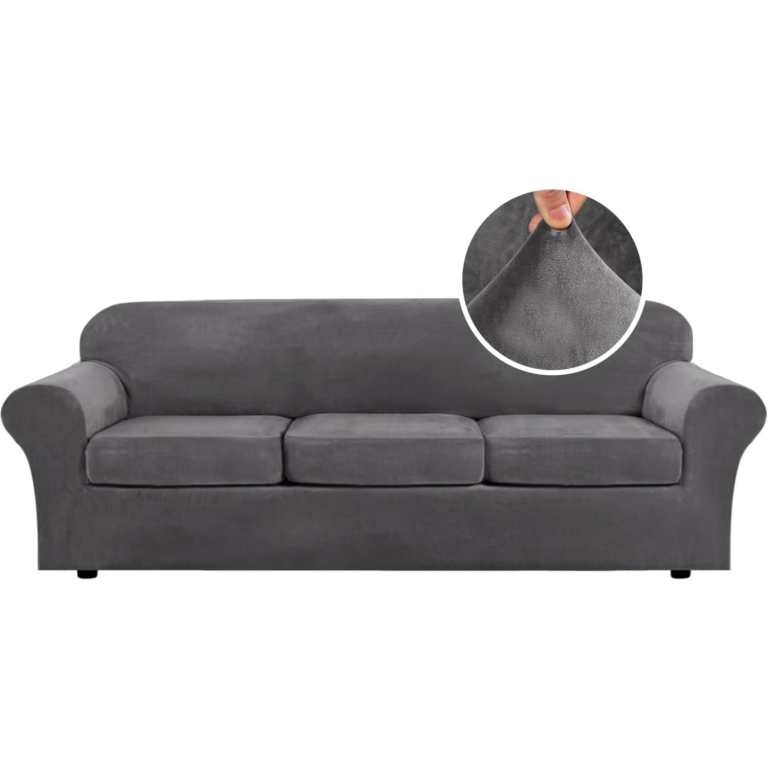 H.VERSAILTEX 4 Pieces Thick Velvet Sofa Covers Couch Covers for 3 Cushion Couch Sofa High Stretch Slipcovers Furniture Protector Form Fit Luxury Couch Cover for Dogs Width Up to 90 Inch(Sofa,Grey)