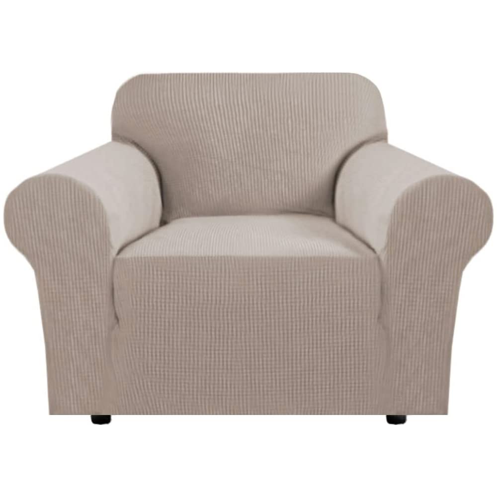 H.VERSAILTEX Stretch Sofa Covers for 3 Cushion Couch Covers Sofa Slipcovers for Living Room Feature Thick Checked Jacquard Fabric with Elastic Bottom, Sofa Large - Sand