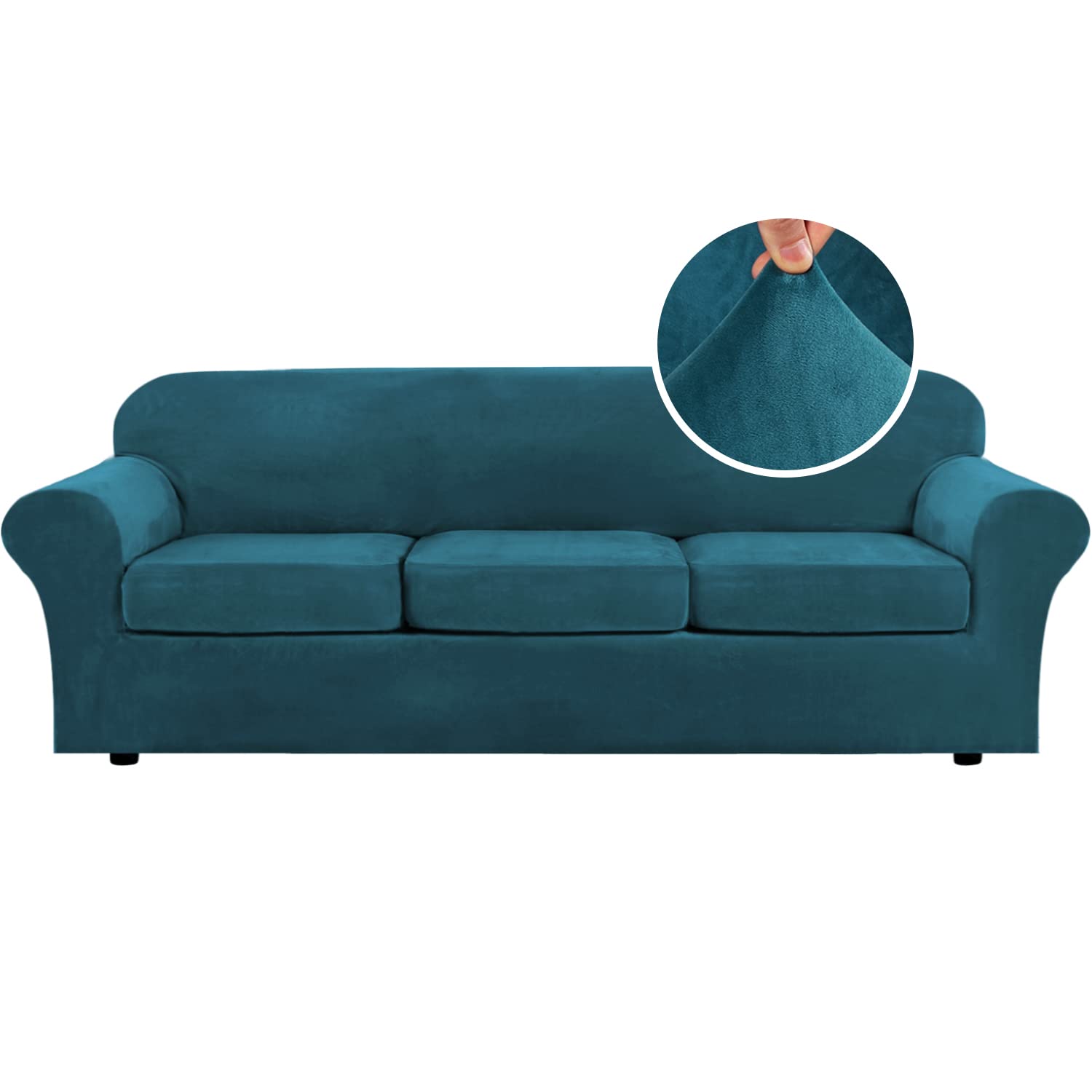 H.VERSAILTEX High Stretch Sofa Slipcover 4 Piece Cover Velvet Furniture Protector Form Fit Thick Velvet Extra Large Sofa Cover for 3 Cushion Couch Width Up to 97 Inch (Large Sofa, Sea Grass)