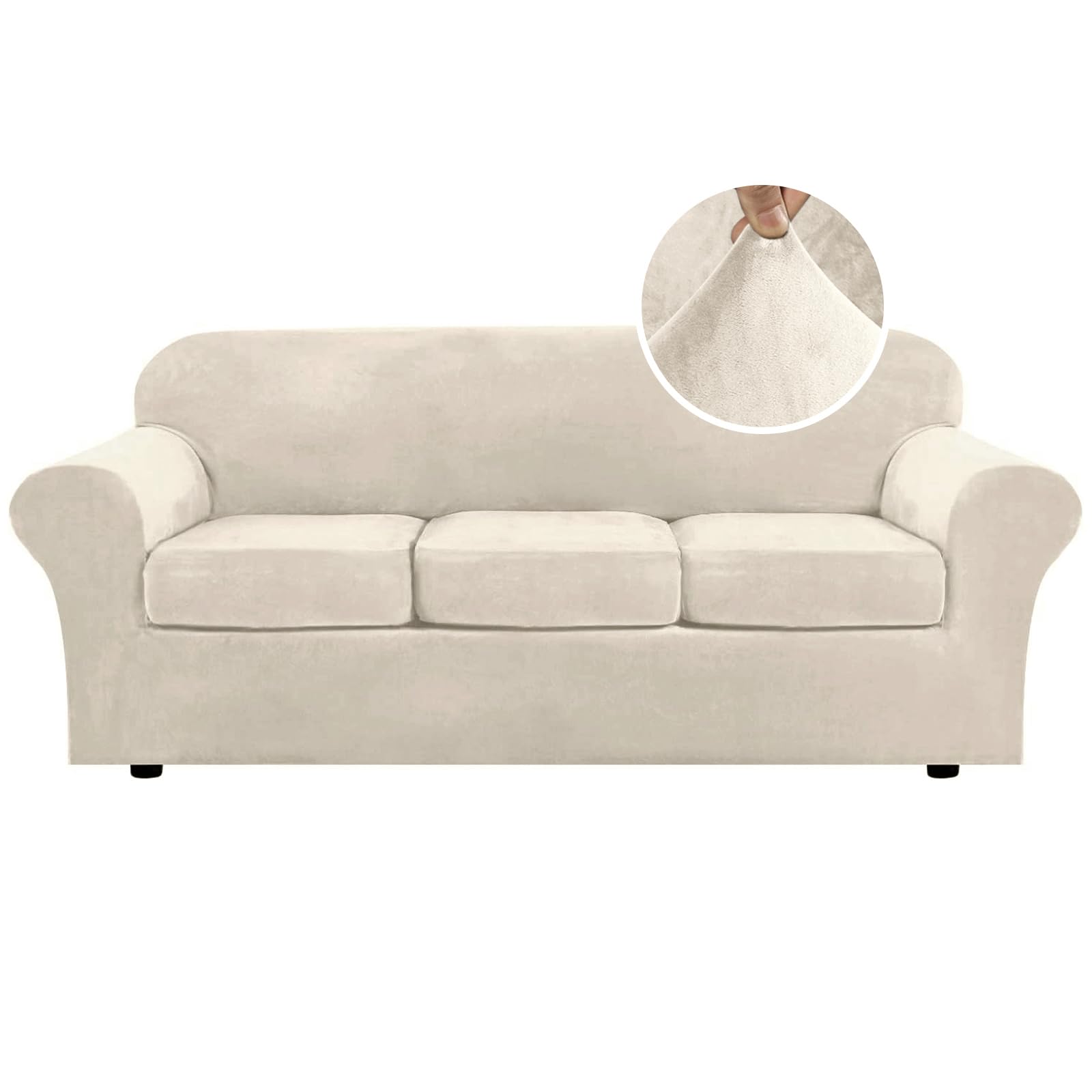 H.VERSAILTEX High Stretch Sofa Slipcover 4 Piece Cover Velvet Furniture Protector Form Fit Thick Velvet Extra Large Sofa Cover for 3 Cushion Couch Width Up to 97 Inch (Large Sofa, Sea Grass)