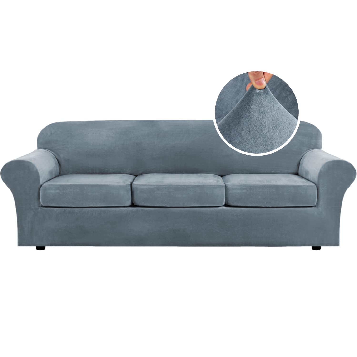 H.VERSAILTEX High Stretch Sofa Slipcover 4 Piece Cover Velvet Furniture Protector Form Fit Thick Velvet Extra Large Sofa Cover for 3 Cushion Couch Width Up to 97 Inch (Large Sofa, Sea Grass)