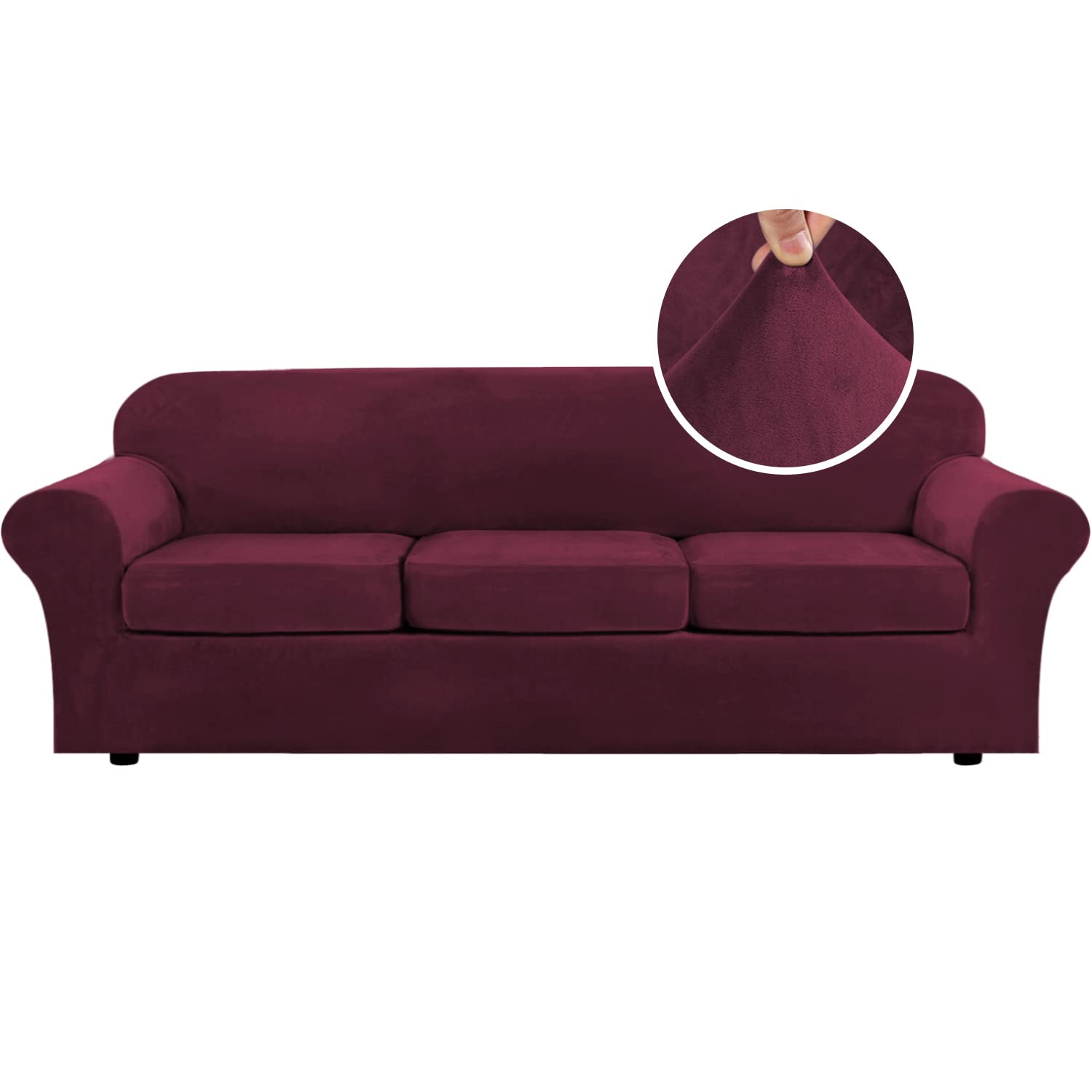 H.VERSAILTEX High Stretch Sofa Slipcover 4 Piece Cover Velvet Furniture Protector Form Fit Thick Velvet Extra Large Sofa Cover for 3 Cushion Couch Width Up to 97 Inch (Large Sofa, Sea Grass)