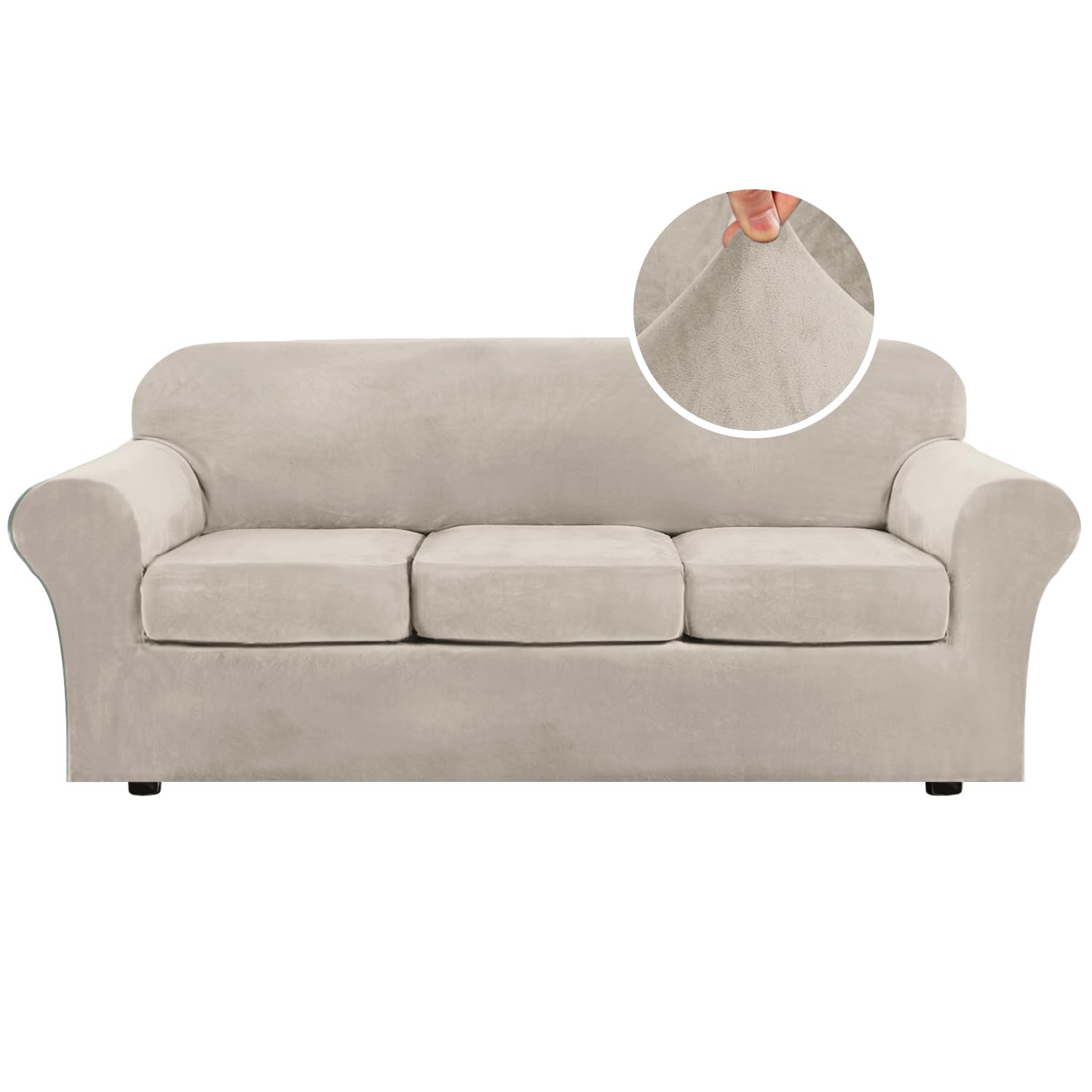 H.VERSAILTEX High Stretch Sofa Slipcover 4 Piece Cover Velvet Furniture Protector Form Fit Thick Velvet Extra Large Sofa Cover for 3 Cushion Couch Width Up to 97 Inch (Large Sofa, Sea Grass)
