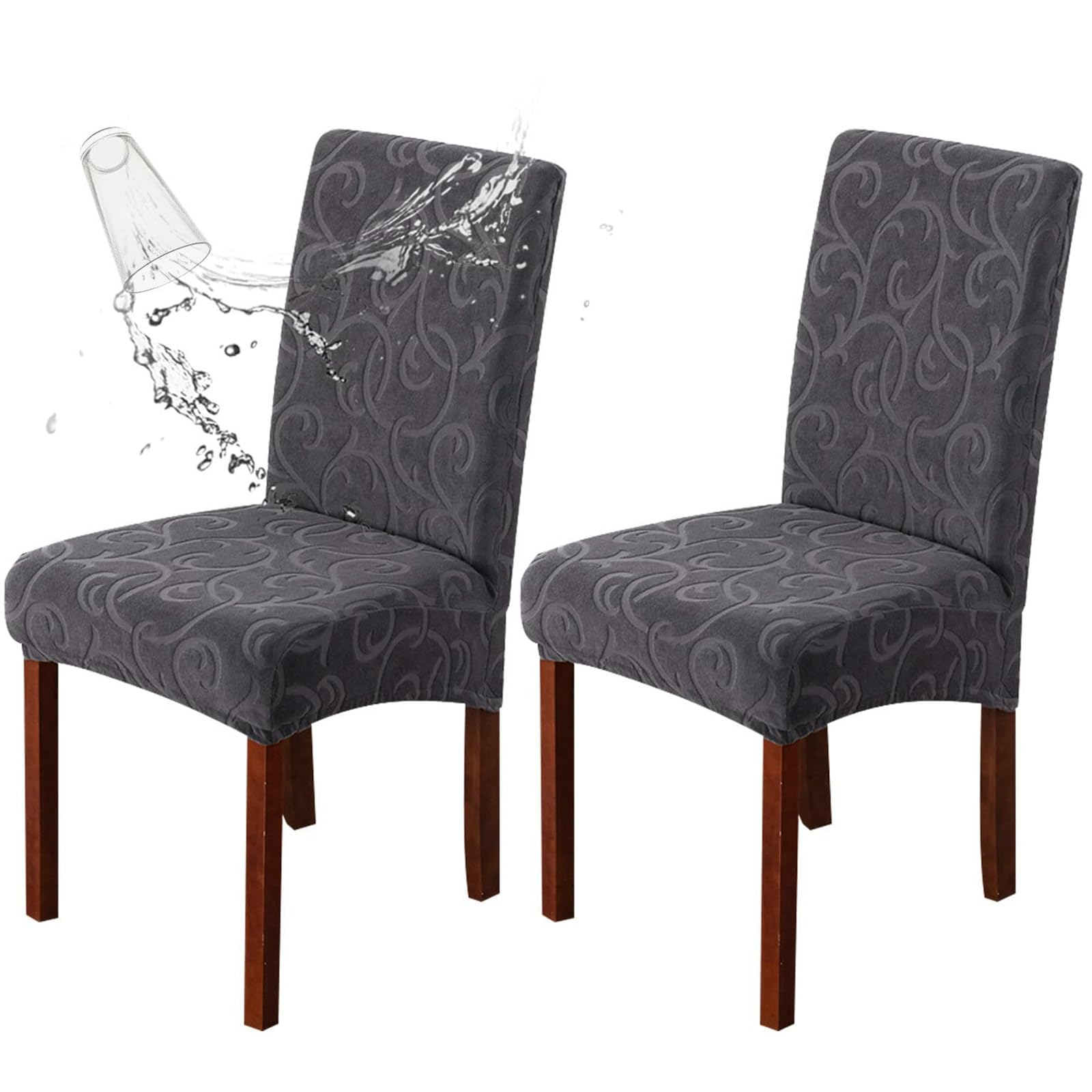 Genina Waterproof Dining Room Chair Covers Stretch Parsons Chair Slipcovers for Dining Room Kitchen Chair Protector Cover, Removable, Washable (4, Flower Pattern-Dark Gray)