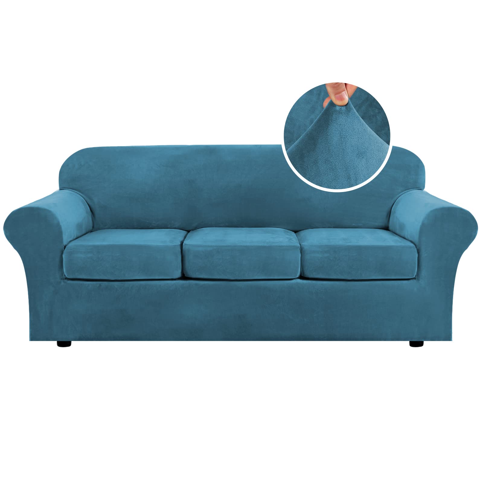 H.VERSAILTEX High Stretch Sofa Slipcover 4 Piece Cover Velvet Furniture Protector Form Fit Thick Velvet Extra Large Sofa Cover for 3 Cushion Couch Width Up to 97 Inch (Large Sofa, Sea Grass)