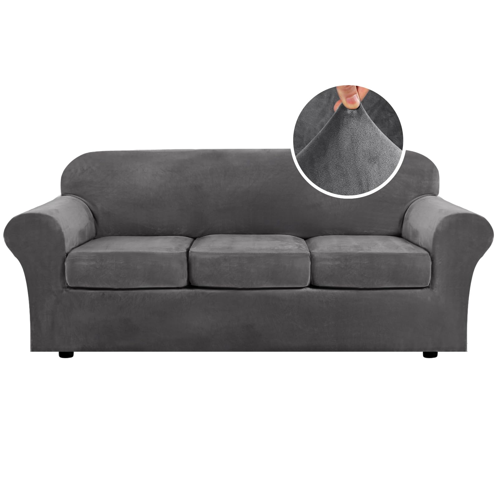 H.VERSAILTEX High Stretch Sofa Slipcover 4 Piece Cover Velvet Furniture Protector Form Fit Thick Velvet Extra Large Sofa Cover for 3 Cushion Couch Width Up to 97 Inch (Large Sofa, Sea Grass)