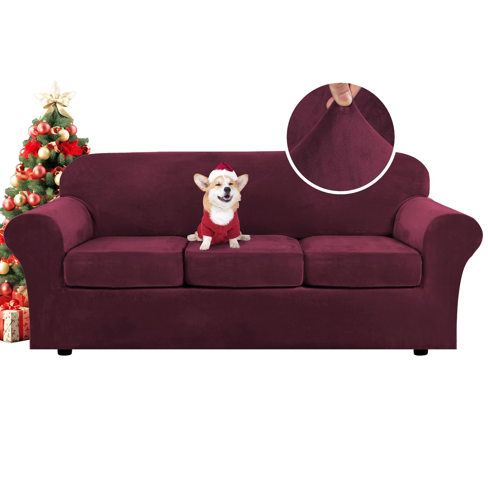 H.VERSAILTEX High Stretch Sofa Slipcover 4 Piece Cover Velvet Furniture Protector Form Fit Thick Velvet Extra Large Sofa Cover for 3 Cushion Couch Width Up to 97 Inch (Large Sofa, Sea Grass)