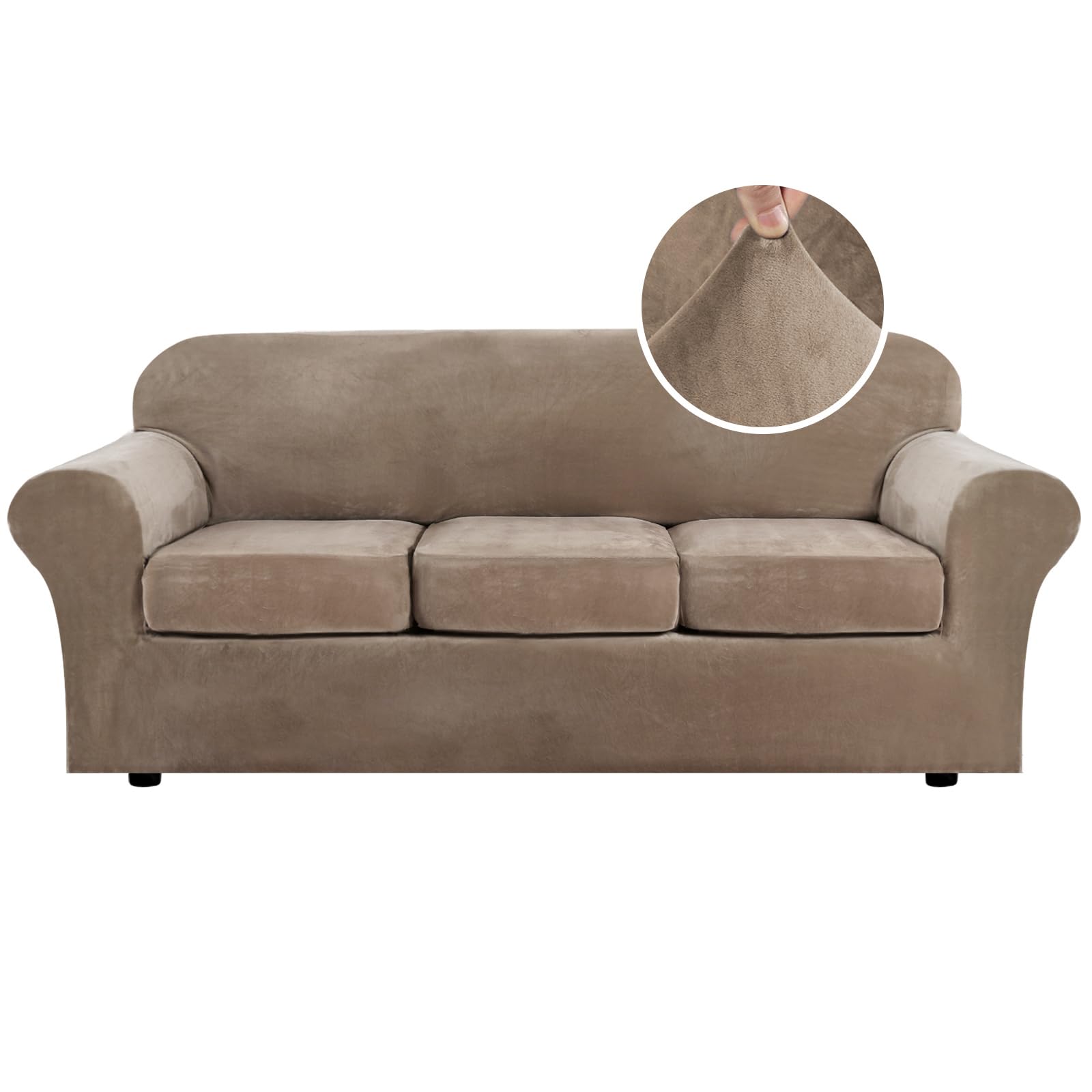 H.VERSAILTEX High Stretch Sofa Slipcover 4 Piece Cover Velvet Furniture Protector Form Fit Thick Velvet Extra Large Sofa Cover for 3 Cushion Couch Width Up to 97 Inch (Large Sofa, Sea Grass)