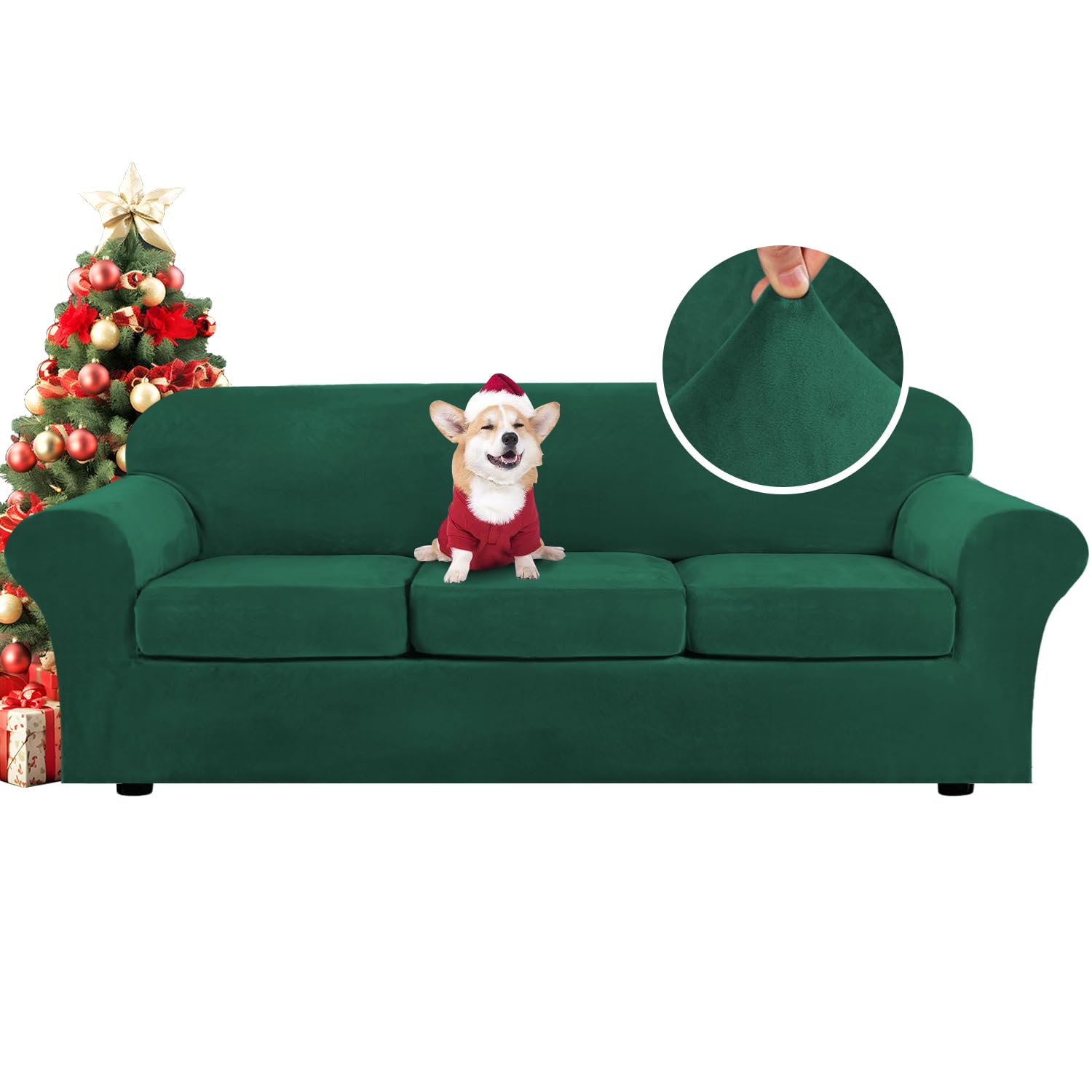 H.VERSAILTEX High Stretch Sofa Slipcover 4 Piece Cover Velvet Furniture Protector Form Fit Thick Velvet Extra Large Sofa Cover for 3 Cushion Couch Width Up to 97 Inch (Large Sofa, Sea Grass)