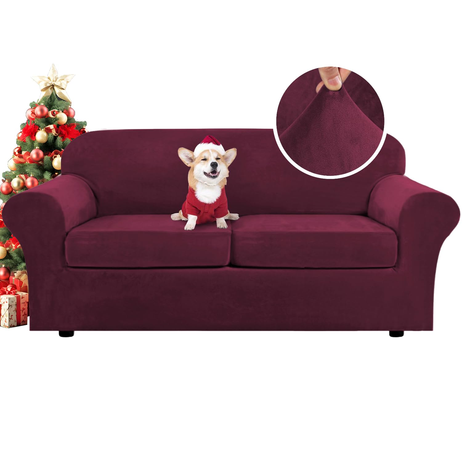 H.VERSAILTEX High Stretch Sofa Slipcover 4 Piece Cover Velvet Furniture Protector Form Fit Thick Velvet Extra Large Sofa Cover for 3 Cushion Couch Width Up to 97 Inch (Large Sofa, Sea Grass)