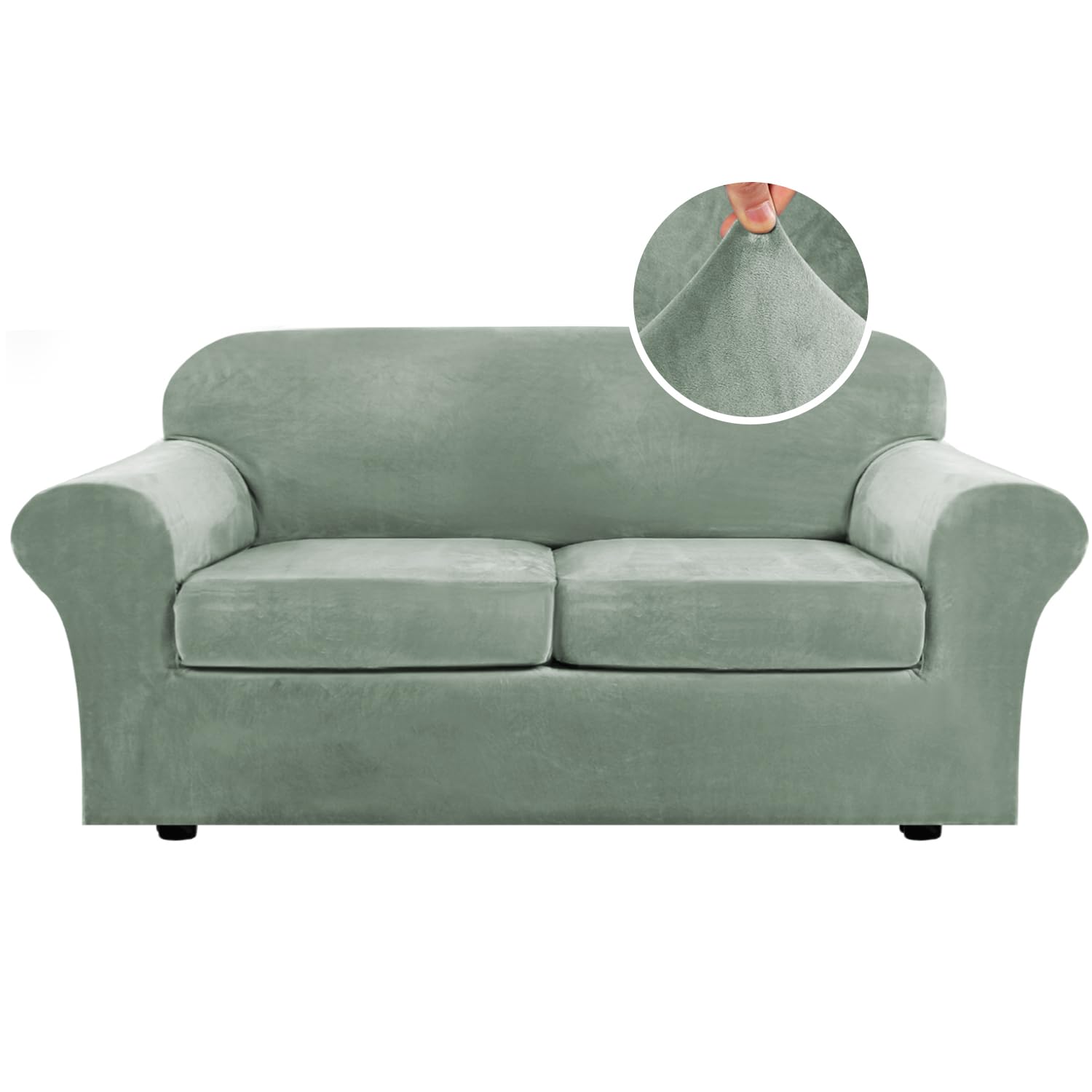 H.VERSAILTEX High Stretch Sofa Slipcover 4 Piece Cover Velvet Furniture Protector Form Fit Thick Velvet Extra Large Sofa Cover for 3 Cushion Couch Width Up to 97 Inch (Large Sofa, Sea Grass)