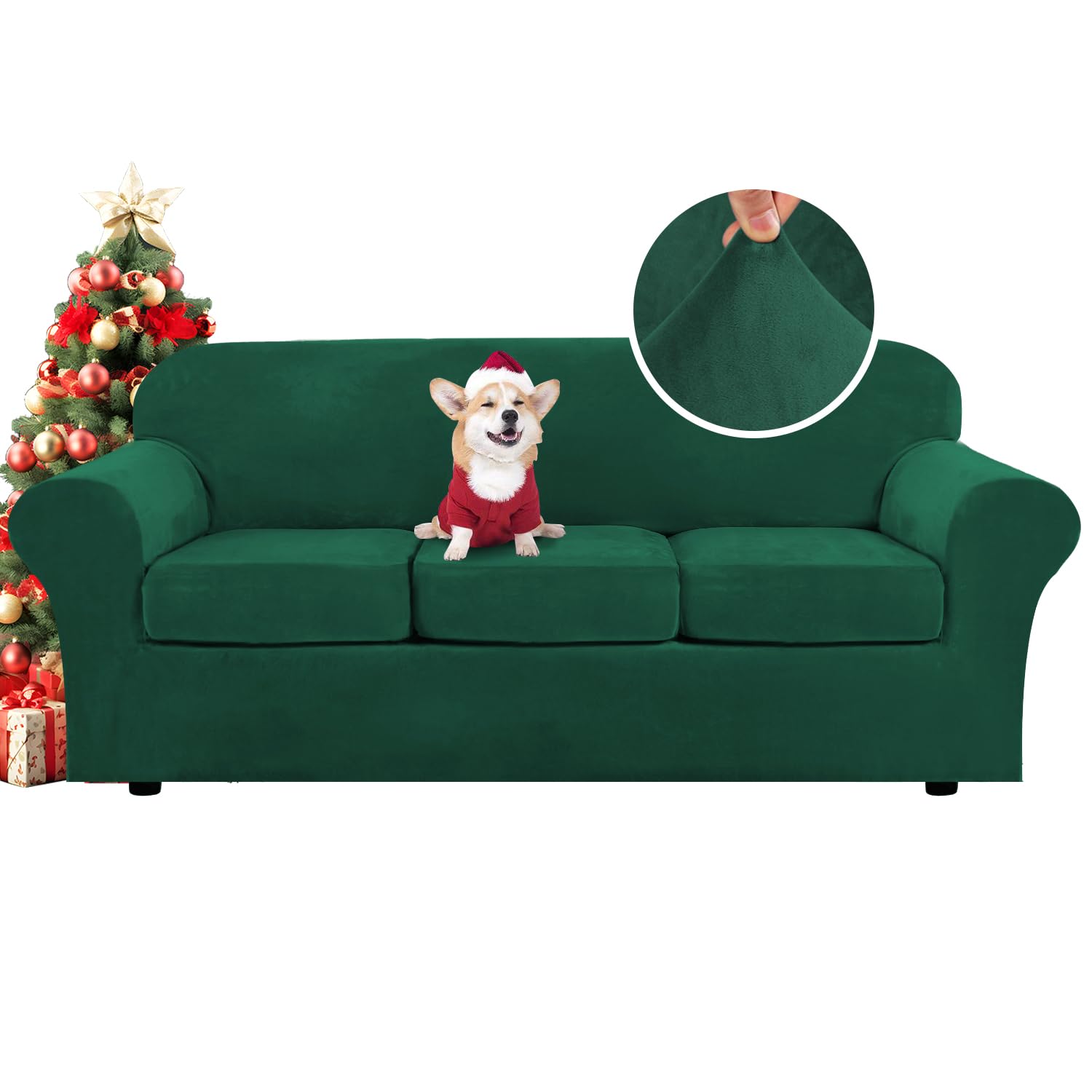 H.VERSAILTEX High Stretch Sofa Slipcover 4 Piece Cover Velvet Furniture Protector Form Fit Thick Velvet Extra Large Sofa Cover for 3 Cushion Couch Width Up to 97 Inch (Large Sofa, Sea Grass)