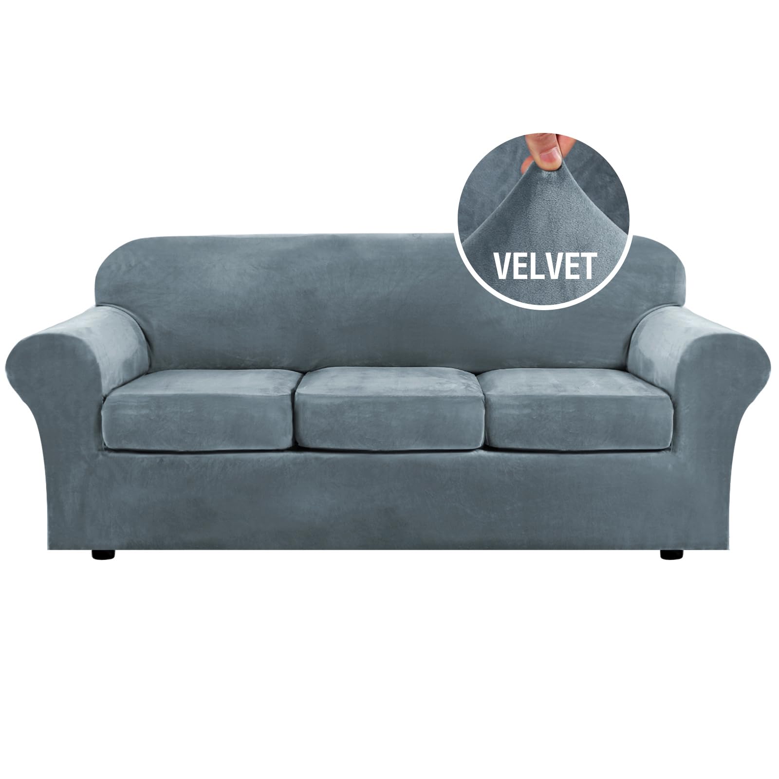 H.VERSAILTEX High Stretch Sofa Slipcover 4 Piece Cover Velvet Furniture Protector Form Fit Thick Velvet Extra Large Sofa Cover for 3 Cushion Couch Width Up to 97 Inch (Large Sofa, Sea Grass)