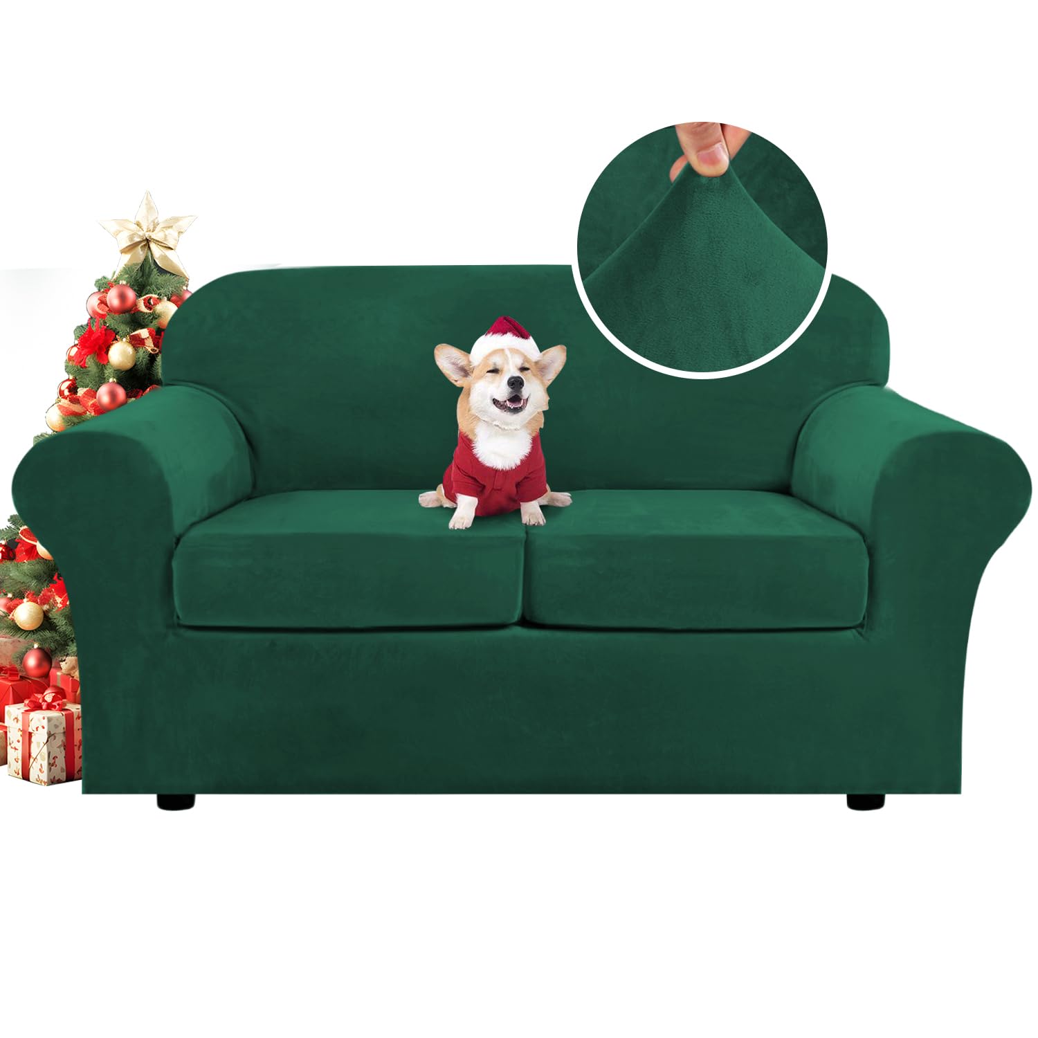 H.VERSAILTEX High Stretch Sofa Slipcover 4 Piece Cover Velvet Furniture Protector Form Fit Thick Velvet Extra Large Sofa Cover for 3 Cushion Couch Width Up to 97 Inch (Large Sofa, Sea Grass)