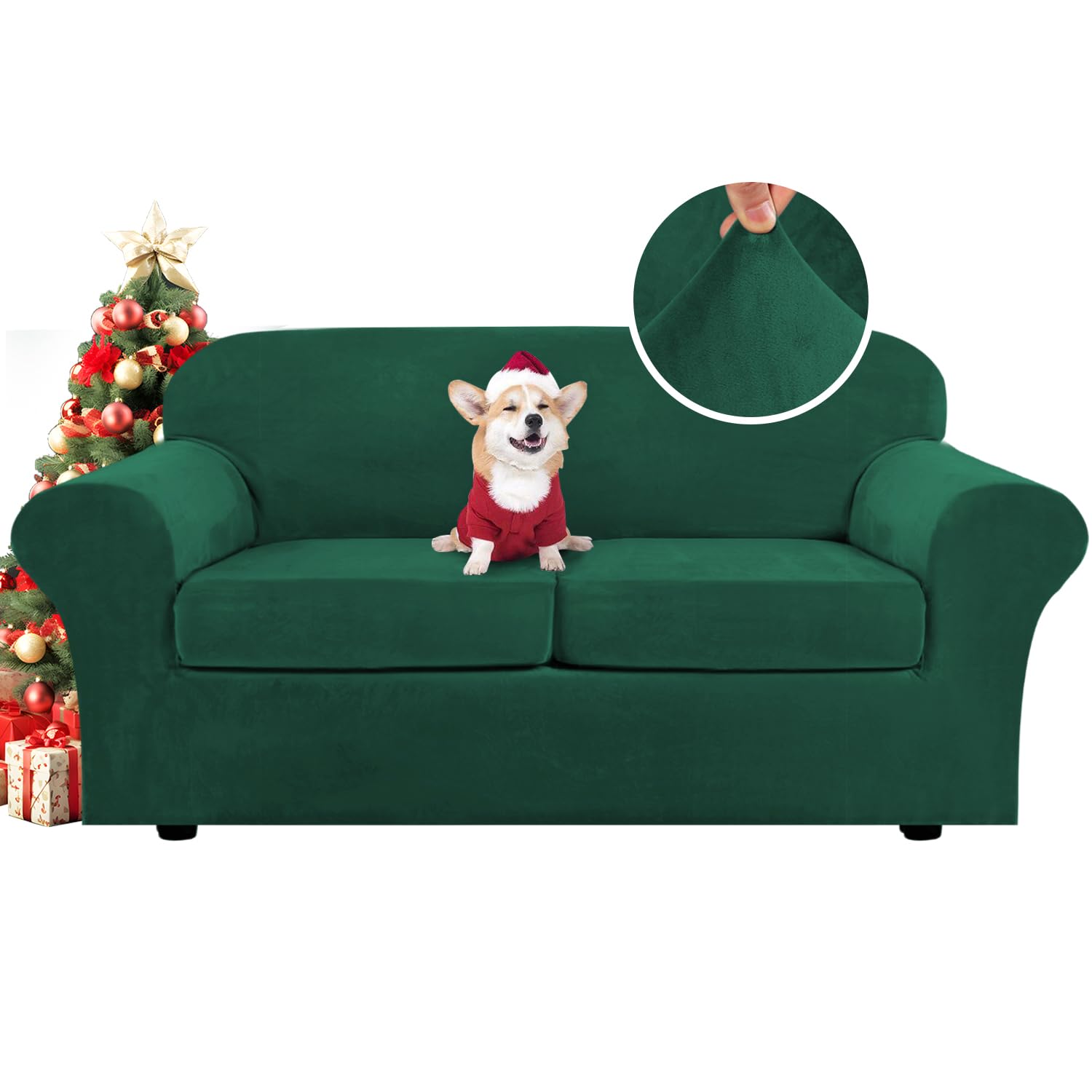 H.VERSAILTEX High Stretch Sofa Slipcover 4 Piece Cover Velvet Furniture Protector Form Fit Thick Velvet Extra Large Sofa Cover for 3 Cushion Couch Width Up to 97 Inch (Large Sofa, Sea Grass)