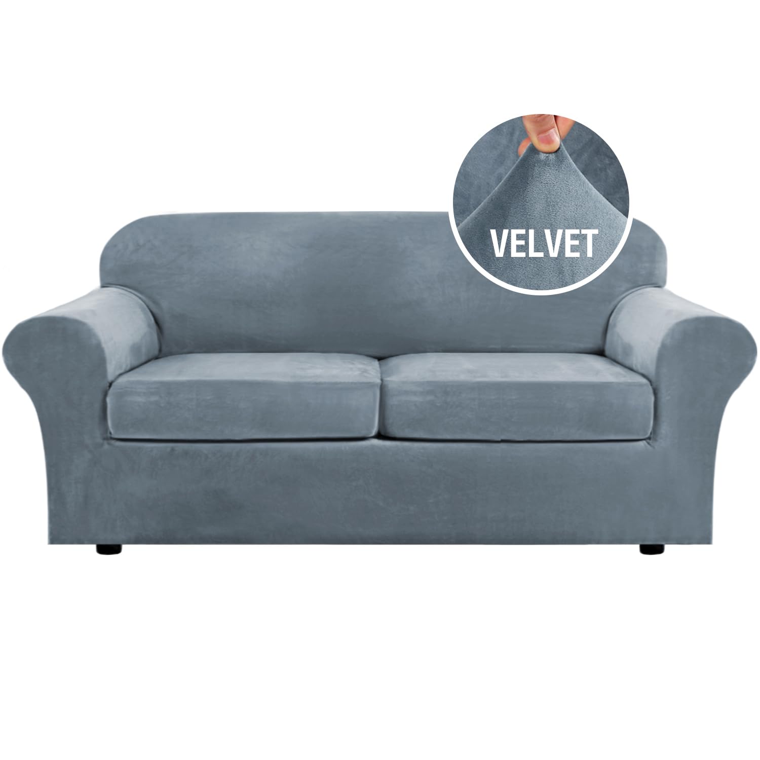 H.VERSAILTEX High Stretch Sofa Slipcover 4 Piece Cover Velvet Furniture Protector Form Fit Thick Velvet Extra Large Sofa Cover for 3 Cushion Couch Width Up to 97 Inch (Large Sofa, Sea Grass)