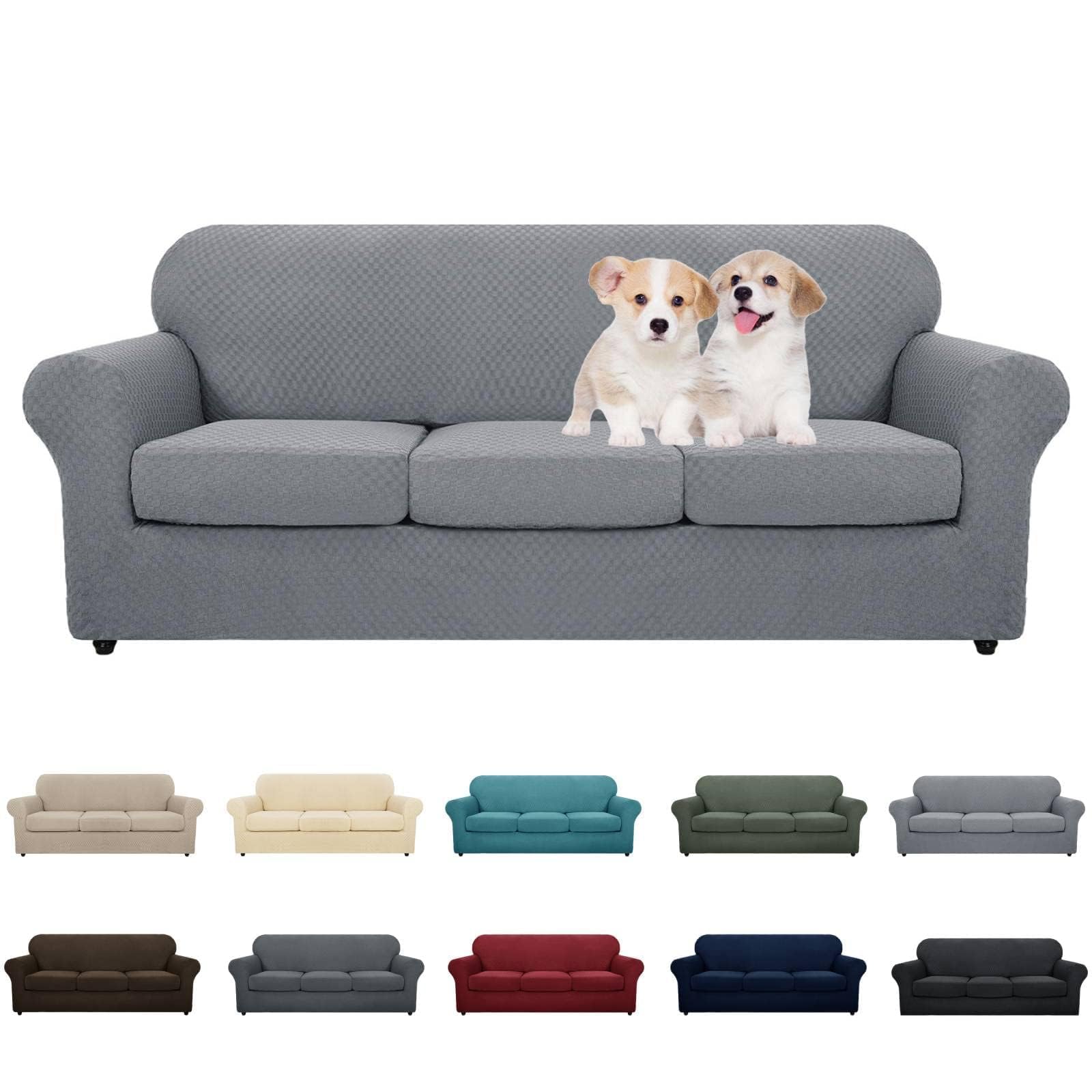MAXIJIN 4 Piece Couch Covers for 3 Cushion Couch Super Stretch Non Slip Couch Cover for Dogs Pet Friendly Elastic Jacquard Furniture Protector Sofa Slipcovers (Sofa, Light Gray)
