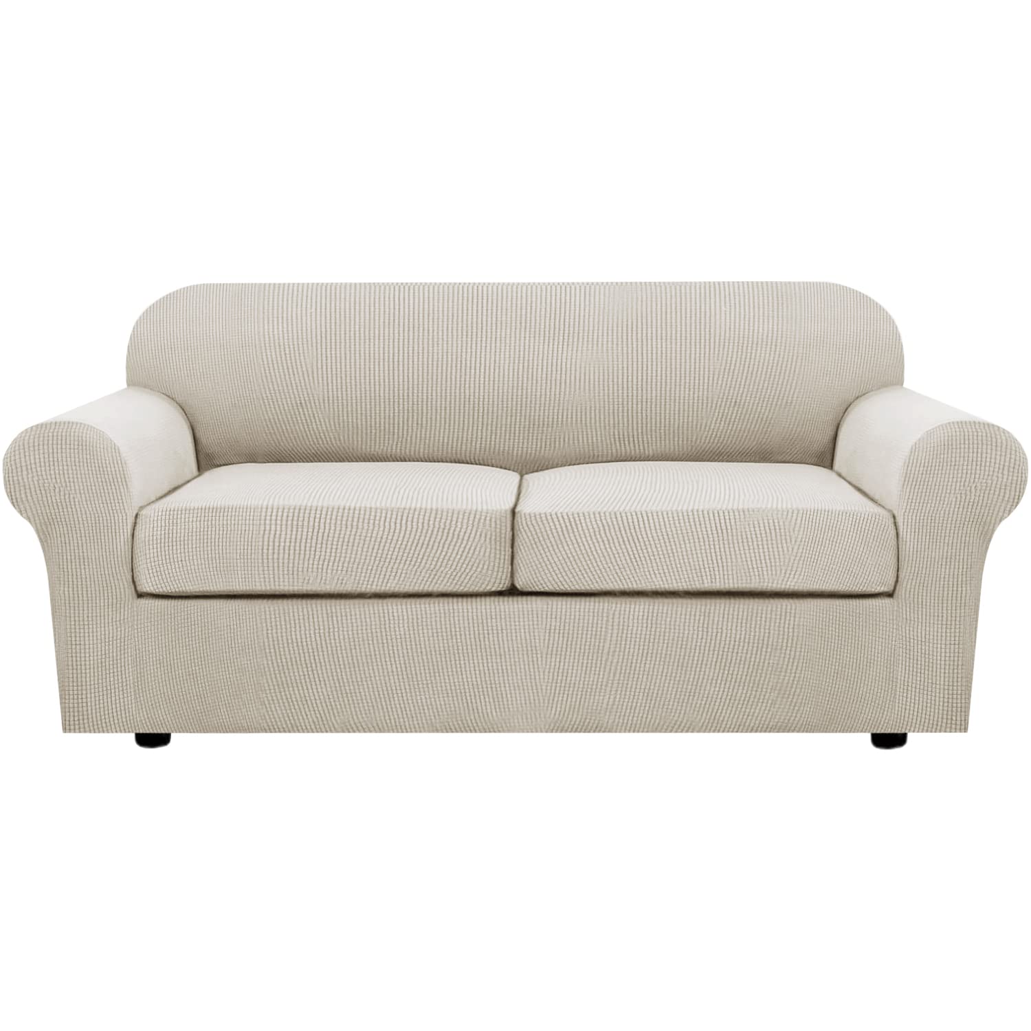 H.VERSAILTEX 3 Piece Stretch Sofa Covers for 2 Cushion Loveseat Couch Covers for Living Room Sofa Slipcovers (Base Cover Plus 2 Seat Cushion Covers) Thicker Jacquard Fabric(Medium Sofa, Natural)