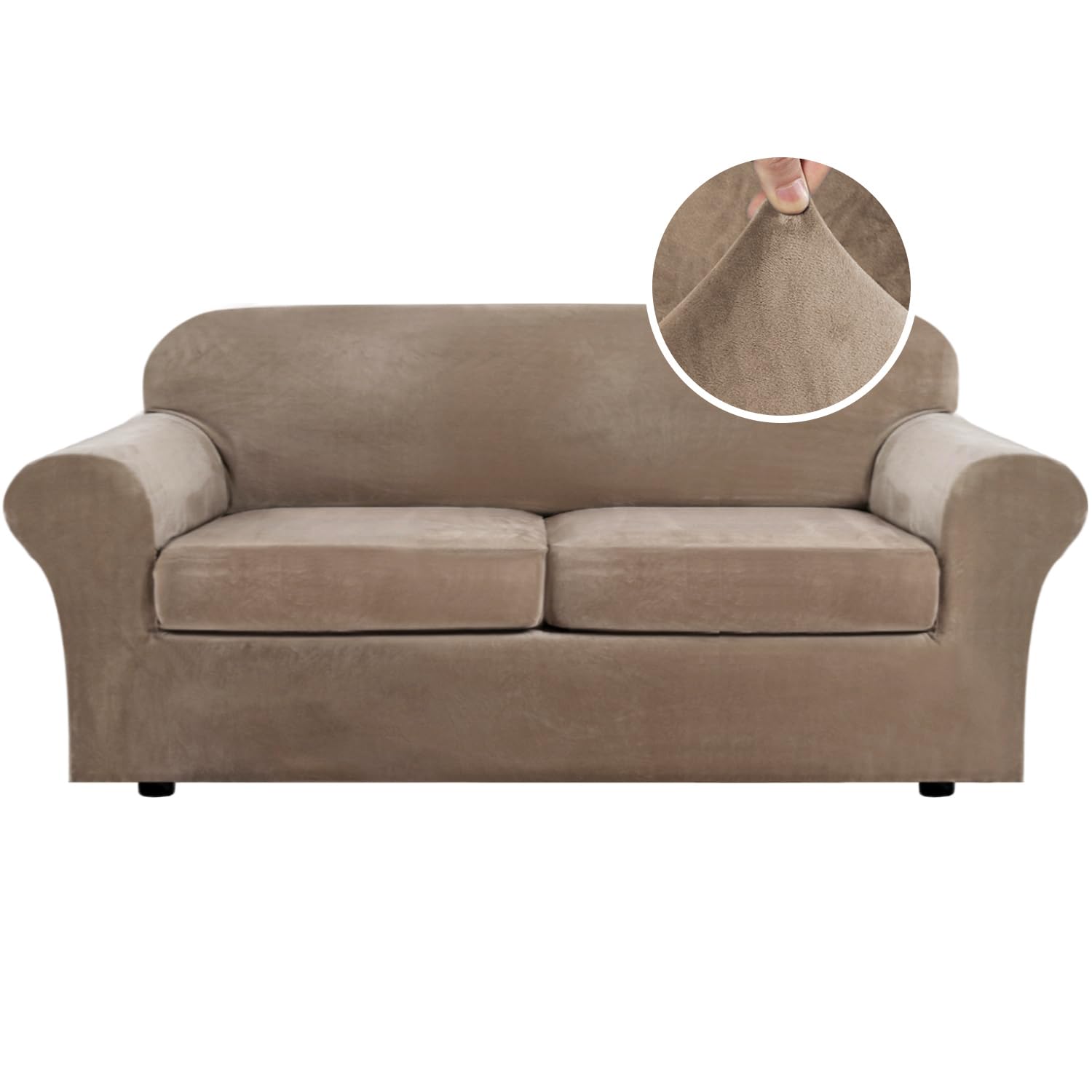 H.VERSAILTEX High Stretch Sofa Slipcover 4 Piece Cover Velvet Furniture Protector Form Fit Thick Velvet Extra Large Sofa Cover for 3 Cushion Couch Width Up to 97 Inch (Large Sofa, Sea Grass)