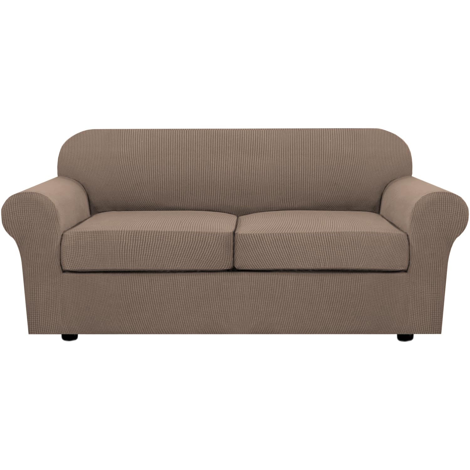 H.VERSAILTEX 3 Piece Stretch Sofa Covers for 2 Cushion Loveseat Couch Covers for Living Room Sofa Slipcovers (Base Cover Plus 2 Seat Cushion Covers) Thicker Jacquard Fabric(Medium Sofa, Natural)
