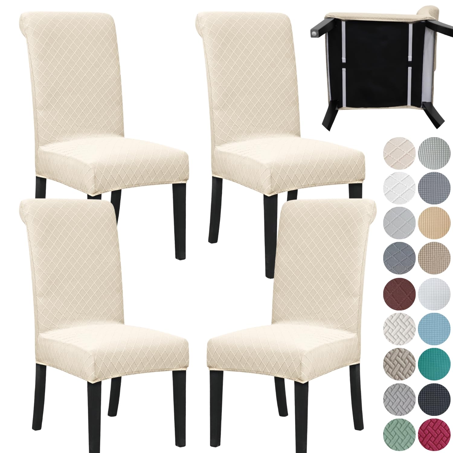 SPRINGRICO 4 Pack Dining Room Chair Covers with seat Belt, Stretch Parsons Chair Slipcover Washable Kitchen Dining Chair Cover Removable Seat Protector Set of 4, S3- Warm Cream