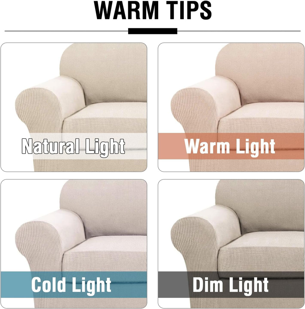 H.VERSAILTEX 3 Piece Stretch Sofa Covers for 2 Cushion Loveseat Couch Covers for Living Room Sofa Slipcovers (Base Cover Plus 2 Seat Cushion Covers) Thicker Jacquard Fabric(Medium Sofa, Natural)
