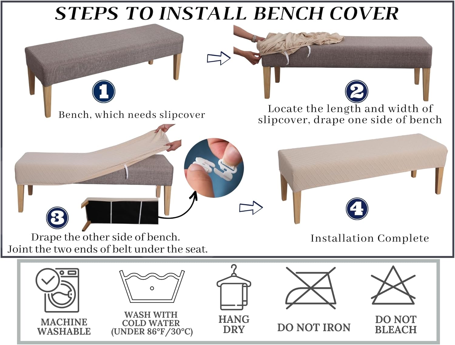 SPRINGRICO Stretch Dining Bench Cover, Removable Bench Slipcover Washable Bench Seat Protector Rectangle Bench Cover for Dining Room, Living Room, Bedroom, Kitchen (S1-Khaki)