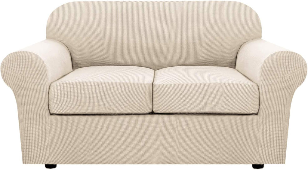 H.VERSAILTEX 3 Piece Stretch Sofa Covers for 2 Cushion Loveseat Couch Covers for Living Room Sofa Slipcovers (Base Cover Plus 2 Seat Cushion Covers) Thicker Jacquard Fabric(Medium Sofa, Natural)