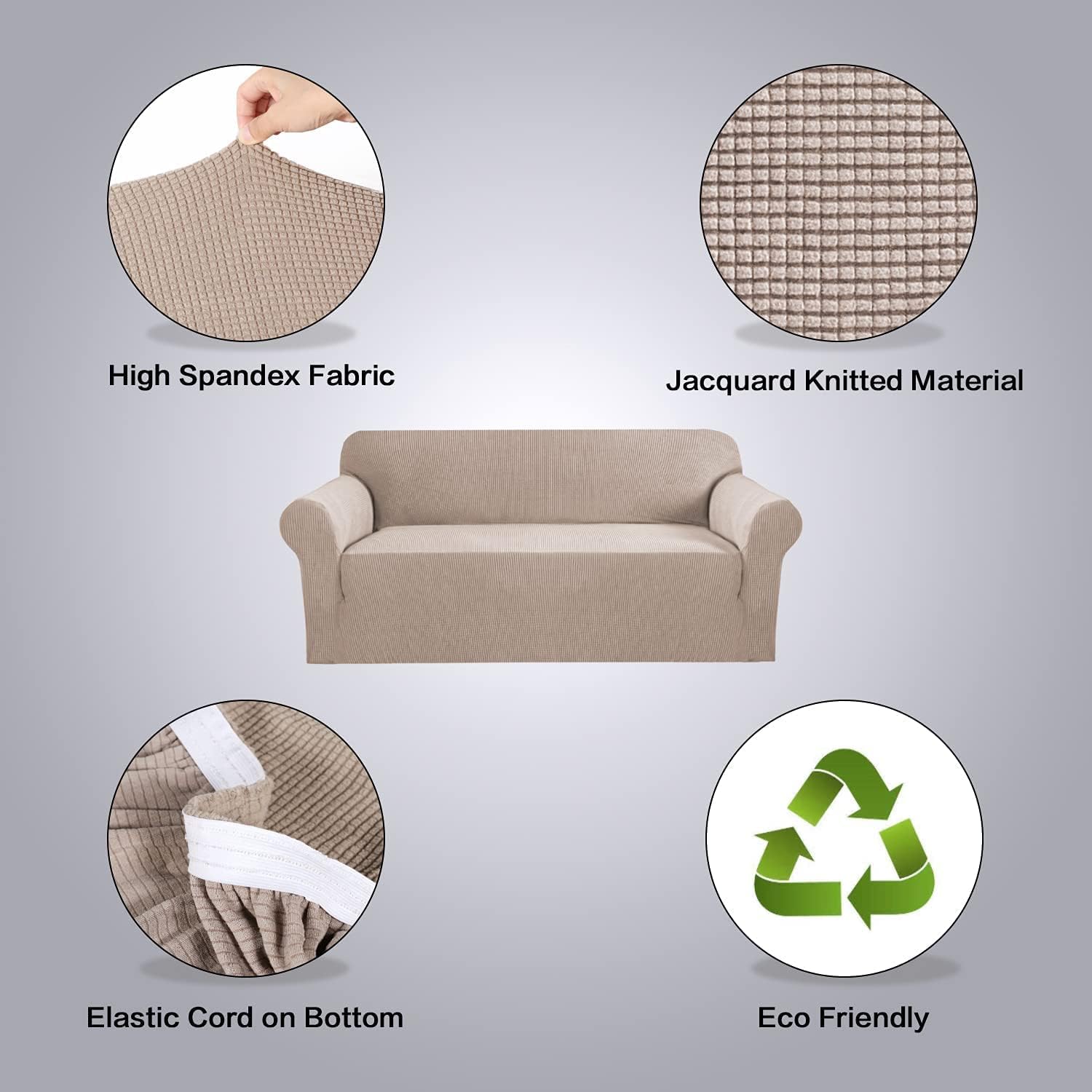 H.VERSAILTEX Stretch Sofa Covers for 3 Cushion Couch Covers Sofa Slipcovers for Living Room Feature Thick Checked Jacquard Fabric with Elastic Bottom, Sofa Large - Sand