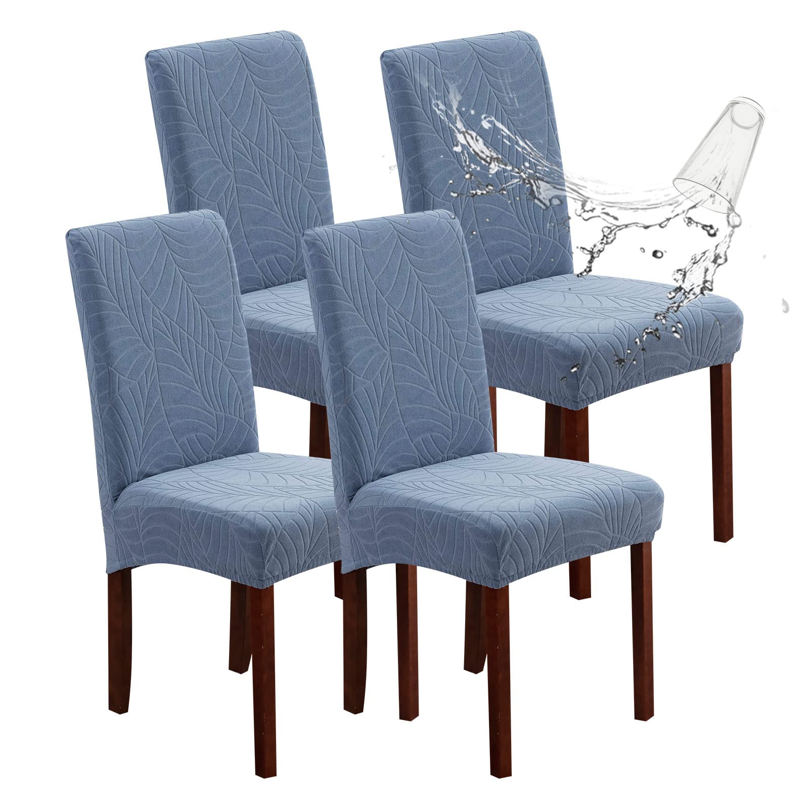 Genina Waterproof Chair Covers for Dining Room 6 Pack, Stretch Jacquard Dining Chair Cover Removable Washable Chair Protectors Cover for Kitchen, Home (Leaves-Warm Gray, 6 PCS)