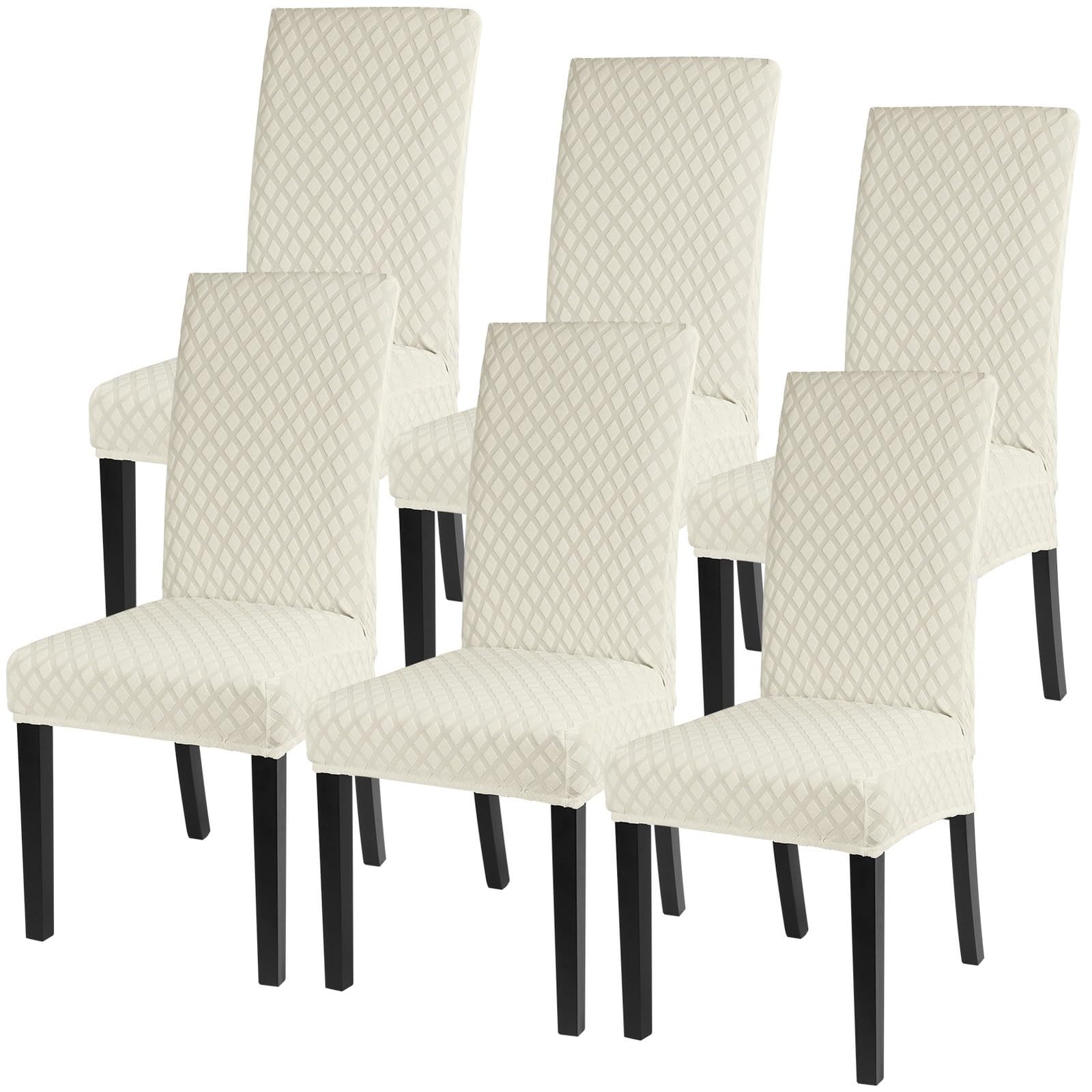SearchI Dining Room Chair Covers Set of 6, Stretch Jacquard Parsons Chair Slipcovers Super Fit Removable Washable Kitchen Chair Protector Cover for Dining Room, Hotel, Ceremony (Beige Rhombus)