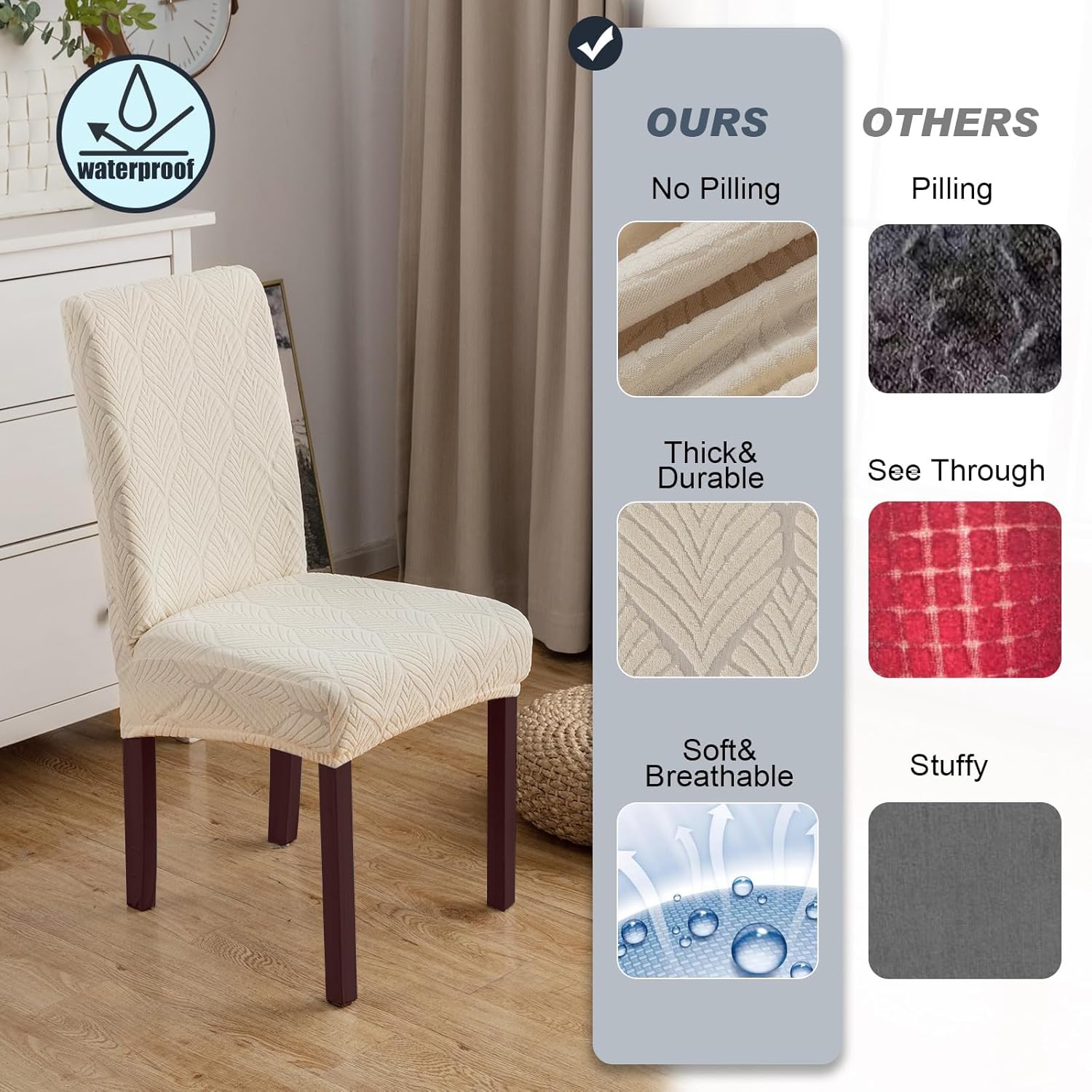 Chair Covers for Dining Chairs,100% Waterproof Dining Chair Covers Set of 4,Removable Stretch Parsons Slip,Washable Seat Protector for Kitchen Beige