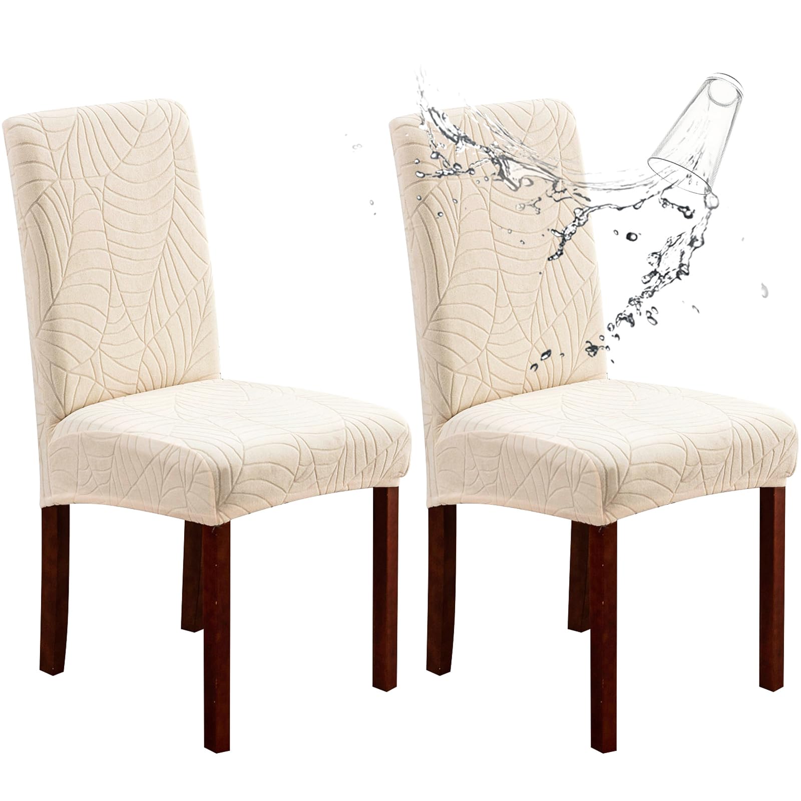 Genina 100% Waterproof Chair Covers for Dining Room Set of 4, Stretch Parson Chair Slipcovers for Kitchen Chairs, Washable Chair Protectors, Leaves-Warm Gray