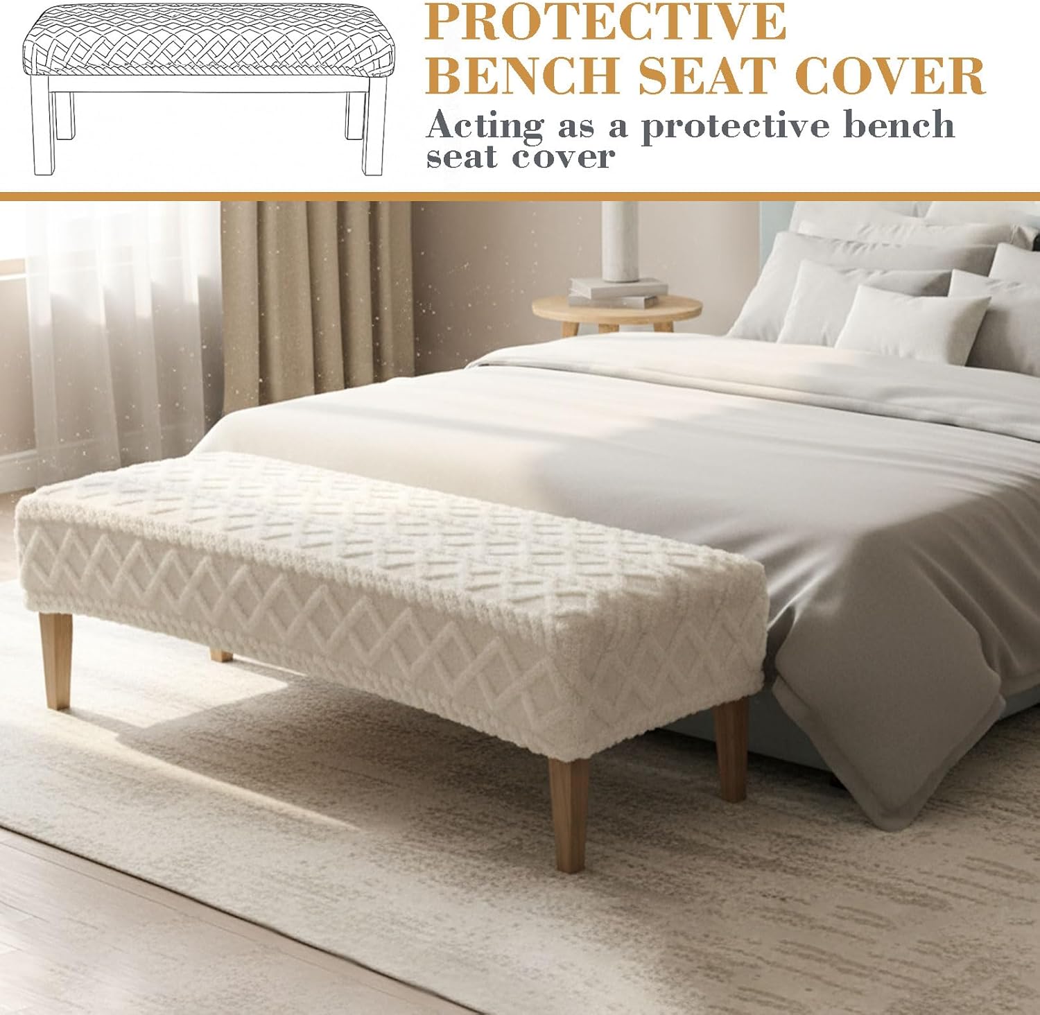 Stretch Jacquard Dining Bench Cover, Slipcover Rectangle Soft Seat Protector Cover Dustproof Removable for Dining Room Living Room Bedroom Kitchen Hotel Fits 39.4~55.1 Inch Benches(Beige)
