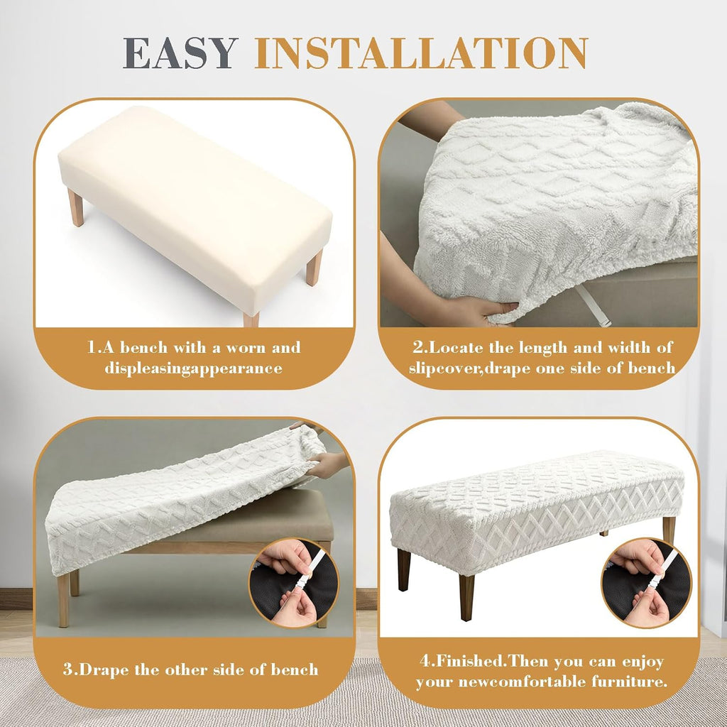 Stretch Jacquard Dining Bench Cover, Slipcover Rectangle Soft Seat Protector Cover Dustproof Removable for Dining Room Living Room Bedroom Kitchen Hotel Fits 39.4~55.1 Inch Benches(Beige)
