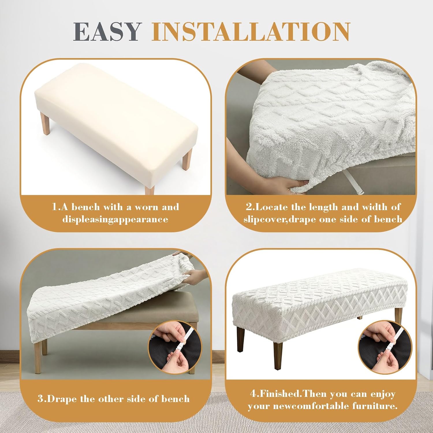 Stretch Jacquard Dining Bench Cover, Slipcover Rectangle Soft Seat Protector Cover Dustproof Removable for Dining Room Living Room Bedroom Kitchen Hotel Fits 39.4~55.1 Inch Benches(Beige)