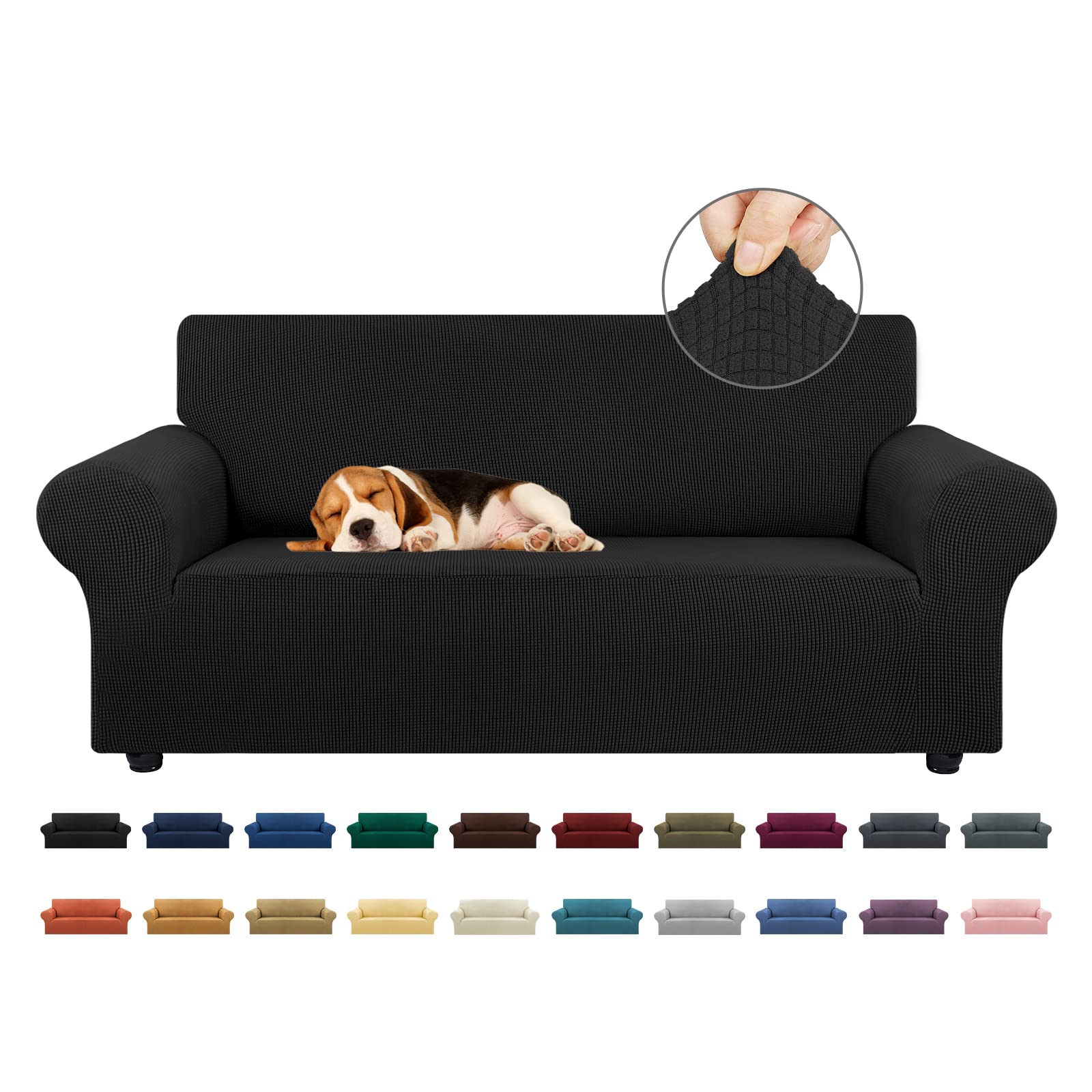 KEKUOU Stretch Sofa Cover Slipcover ，Couch Covers for 3 Cushion Couch Sofa pet Friendly (78"-94") Furniture Protector Sofa with Elastic Bottom for Kids,Dog, Jacquard Small Checked(Large,Black)