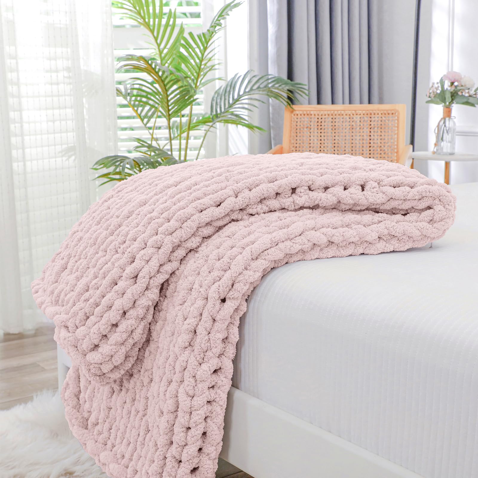 Bigacogo Chunky Knit Throw Blanket for Couch, 40x60 inches, 100% Hand Knitted with Thick Jumbo Chenille Yarn, Cozy Soft Large Rope Knot Cable Crochet Blankets for Sofa Bed Living Room, Beige