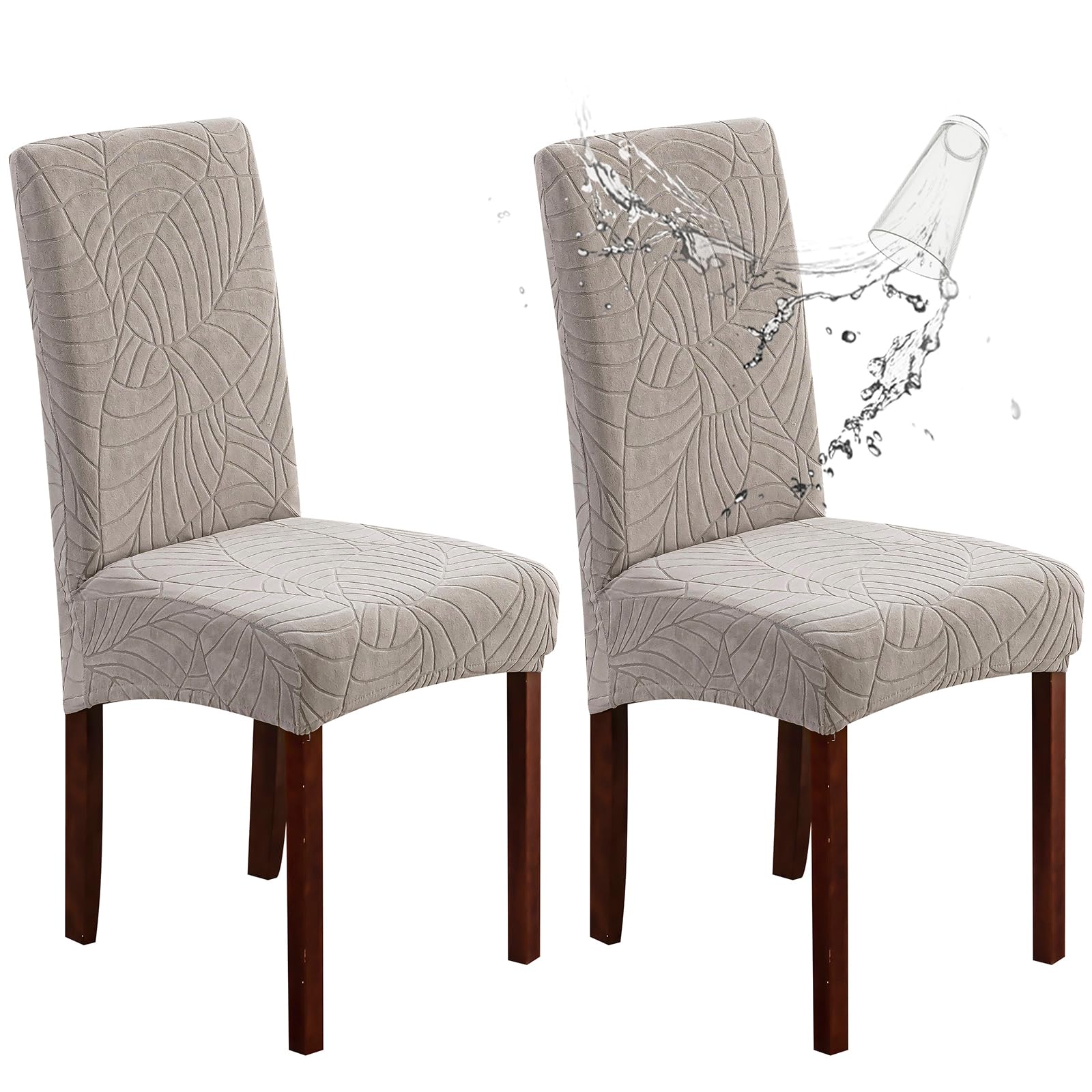 Genina Waterproof Chair Covers for Dining Room 6 Pack, Stretch Jacquard Dining Chair Cover Removable Washable Chair Protectors Cover for Kitchen, Home (Leaves-Warm Gray, 6 PCS)